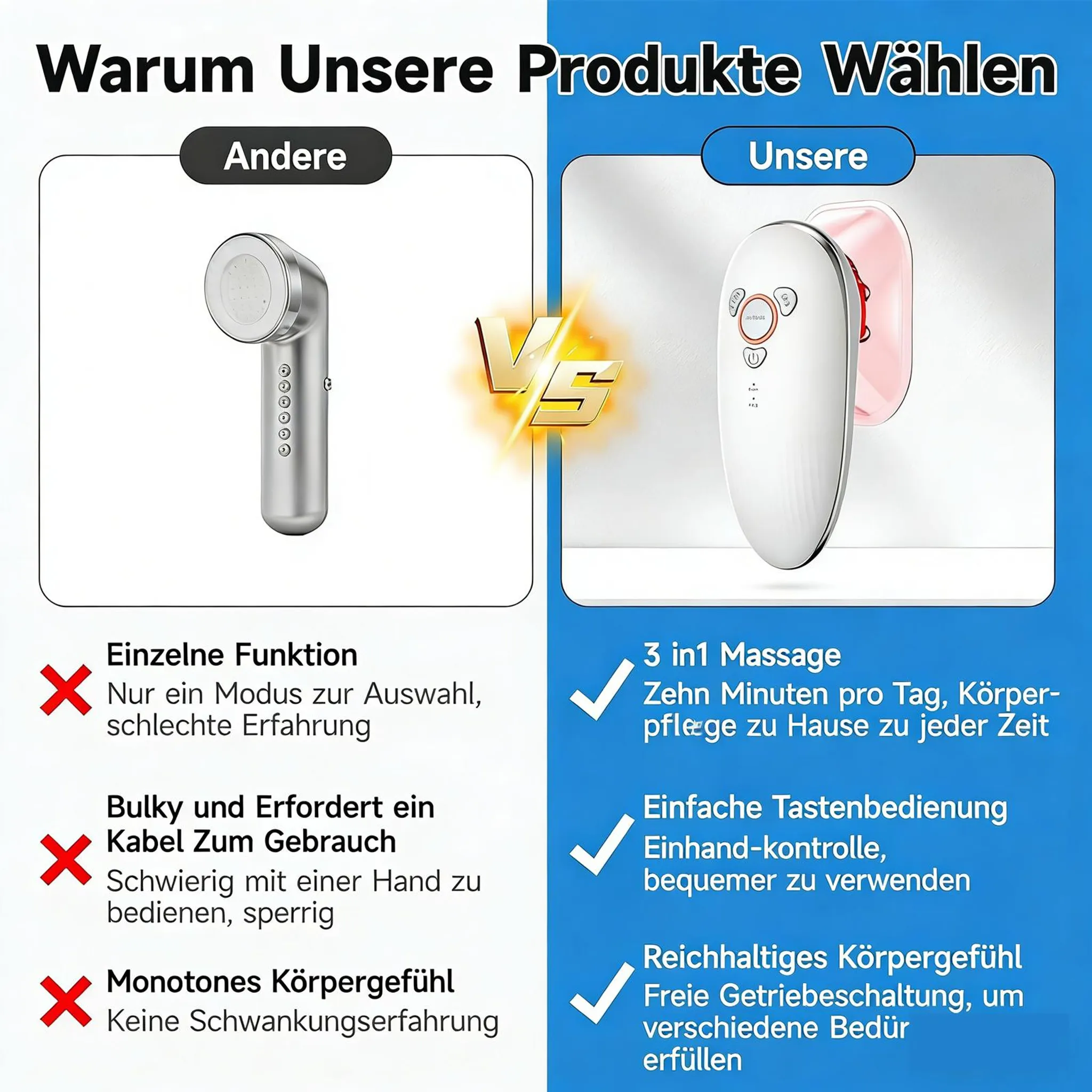Vergleich: Ein silbernes Gerät mit einer Funktion vs. ein weißes 3-in-1-Massagegerät.