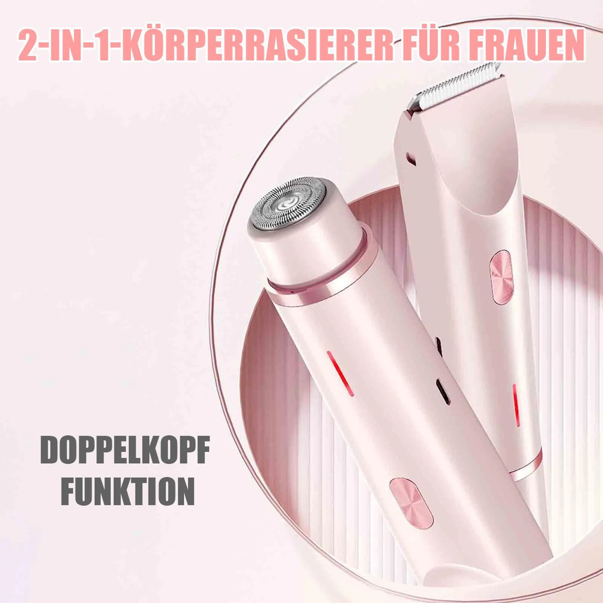 Zwei rosafarbene Damenrasierer mit unterschiedlichen Aufsätzen in einer Schale.