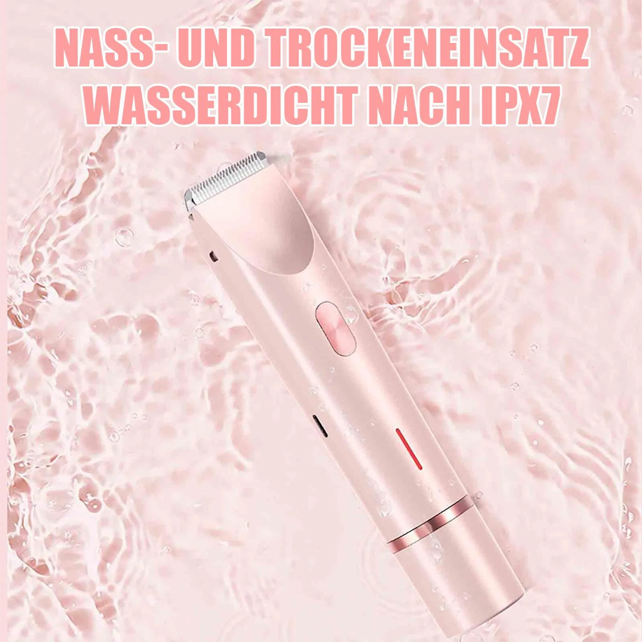 Ein rosafarbenes wasserdichtes Trimmergerät mit IPX7-Bewertung liegt auf einer Wasseroberfläche.