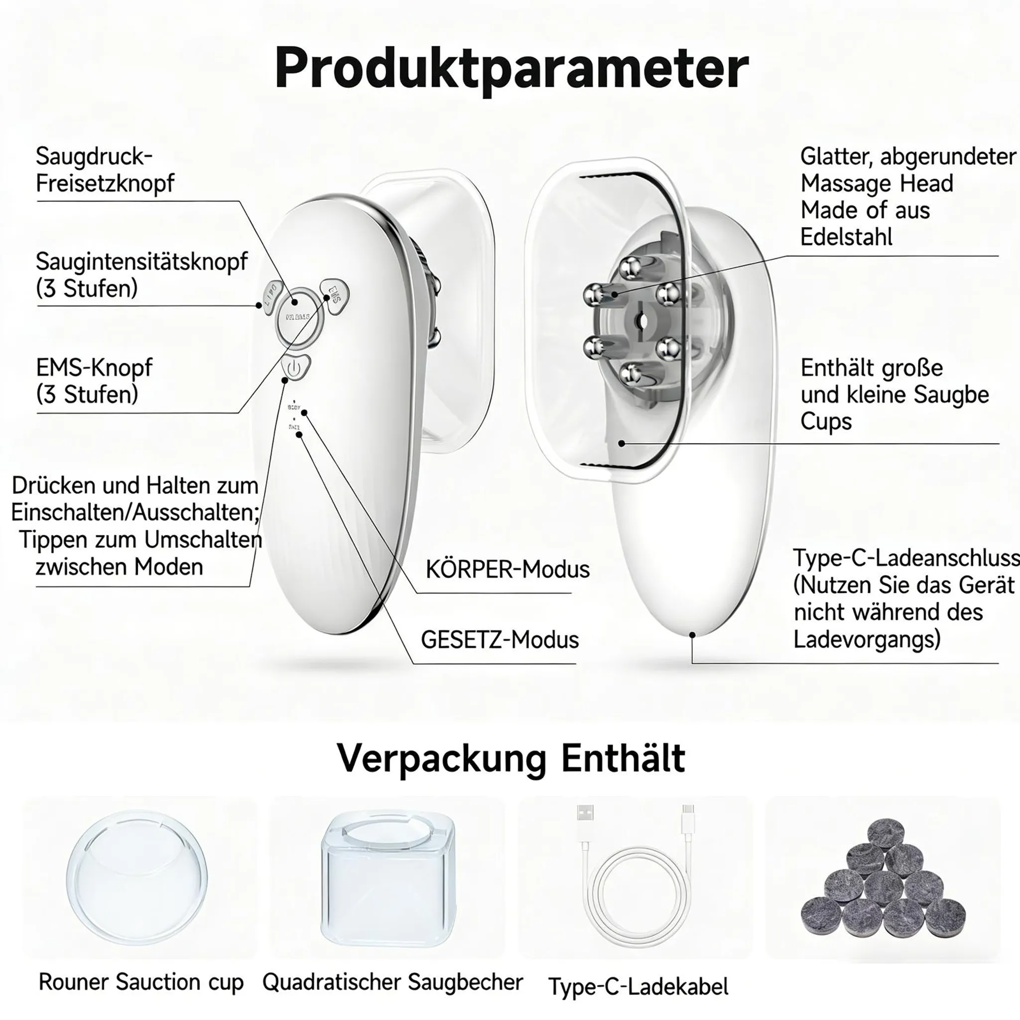 Produktparameter: Saugintensität, EMS-Knopf, Massagekopf aus Edelstahl, Saugbecher, Ladekabel.
