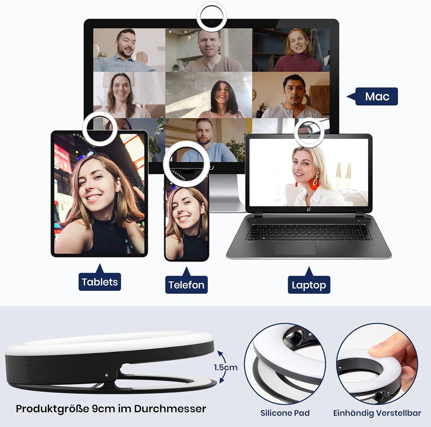 Ringlichter für Mac, Tablets, Telefon und Laptop. Produktgröße 9cm.