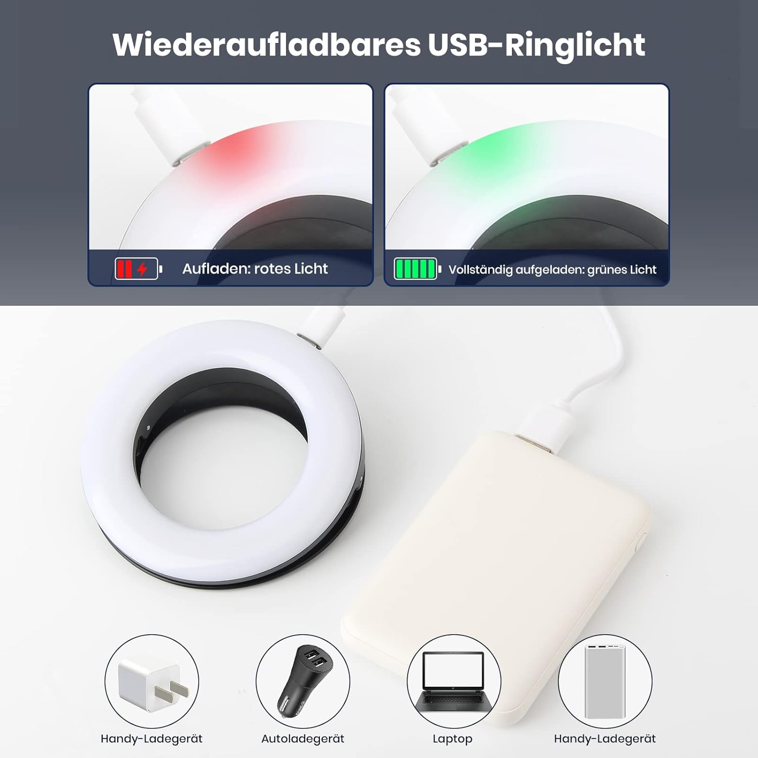 Wiederaufladbares USB-Ringlicht. Links: rotes Licht beim Aufladen. Rechts: grünes Licht bei voller Ladung.