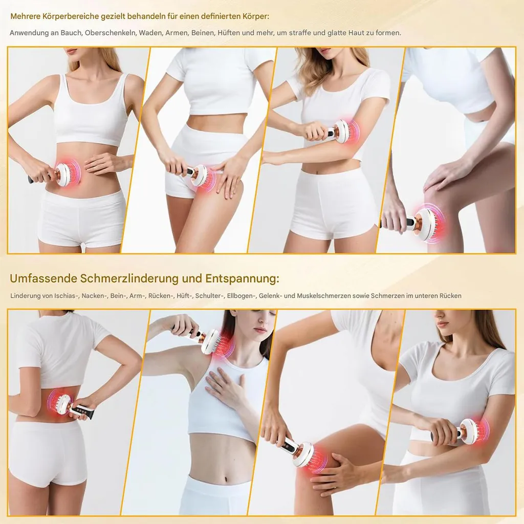 Frauen wenden Massagegerät auf Bauch, Oberschenkel, Arme, Knie und Rücken an.