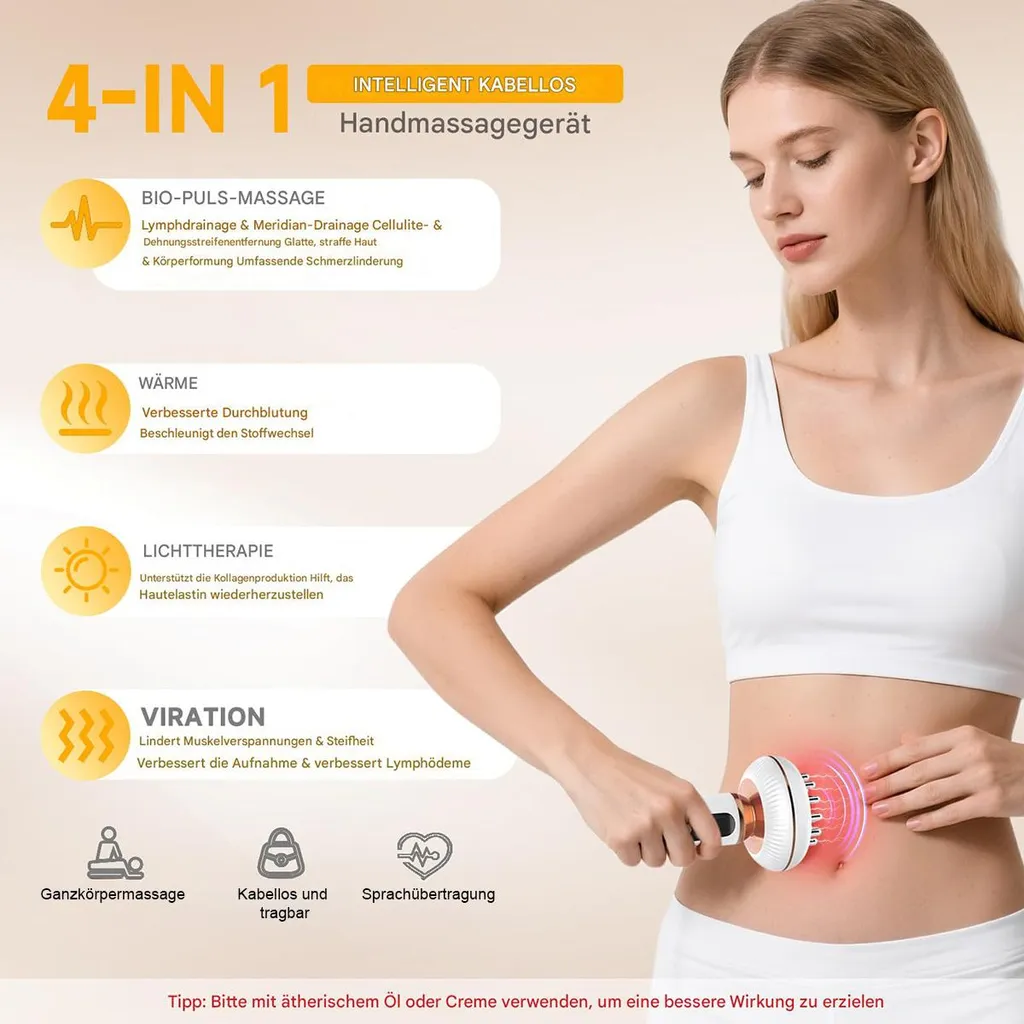Frau mit Massagegerät am Bauch, 4-in-1-Funktionen: Bio-Puls, Wärme, Licht, Vibration.