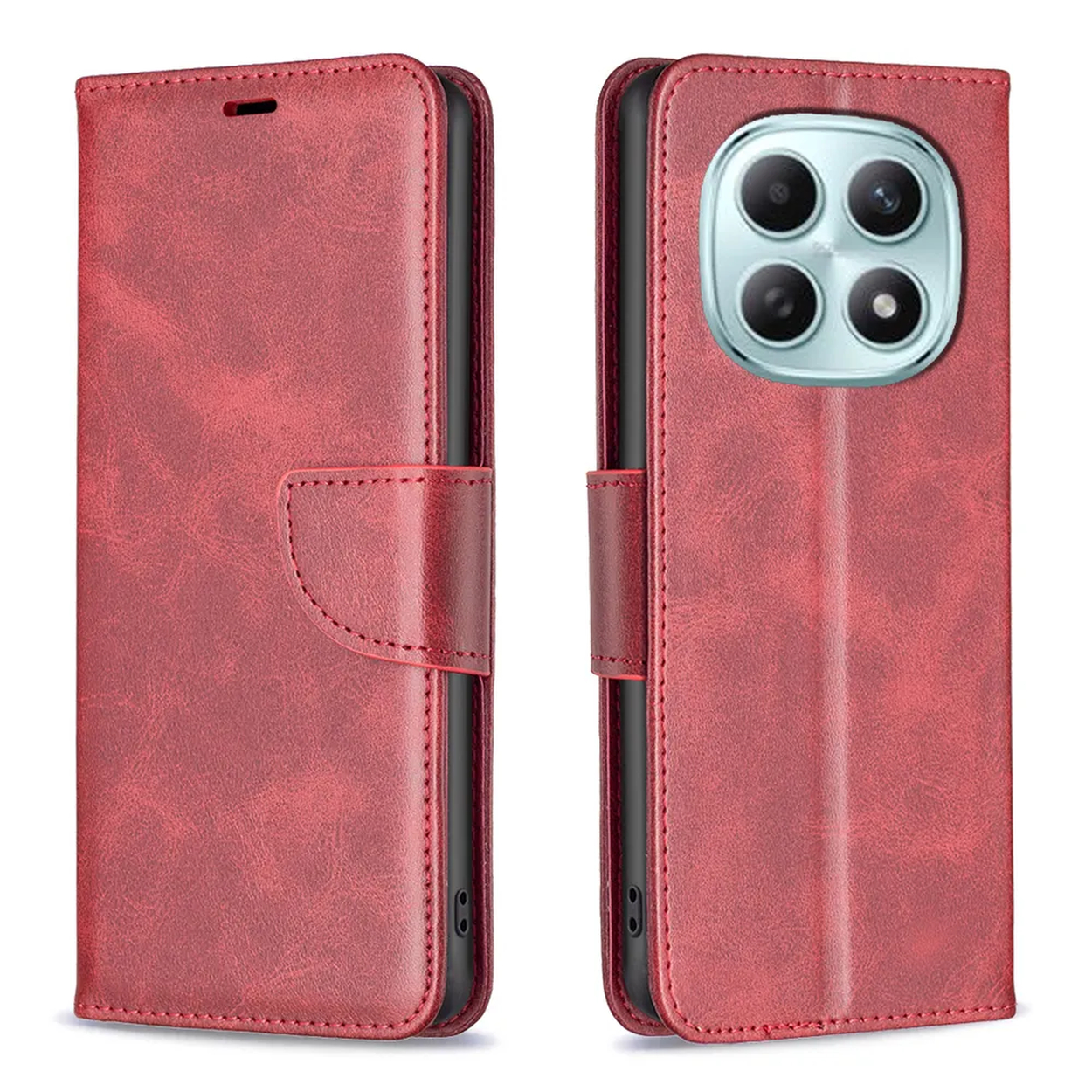 Étui rouge pour téléphone à rabat, avant et arrière avec quatre objectifs.