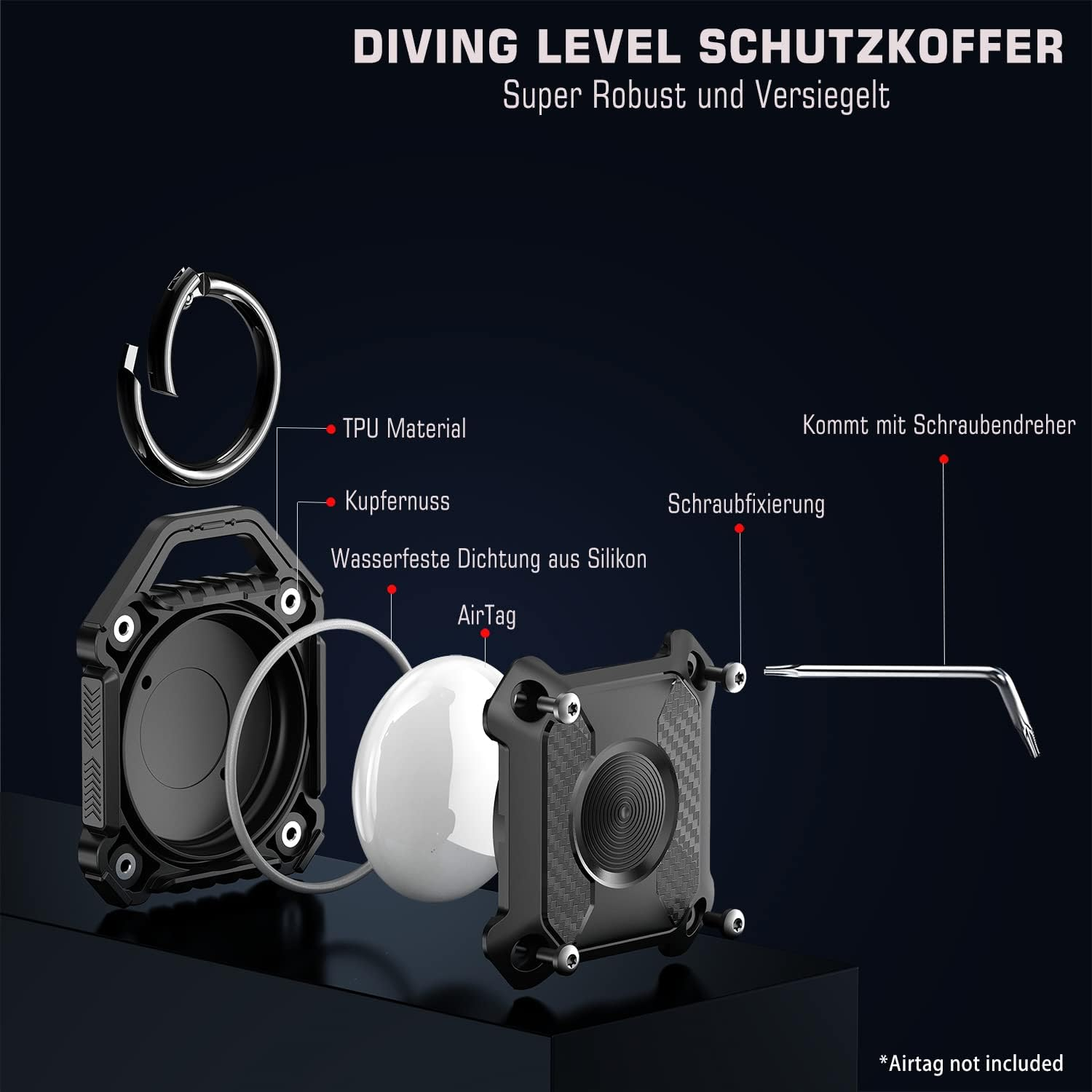 Schwarzer, wasserdichter Koffer mit AirTag, TPU, Dichtung und Schraubendreher.