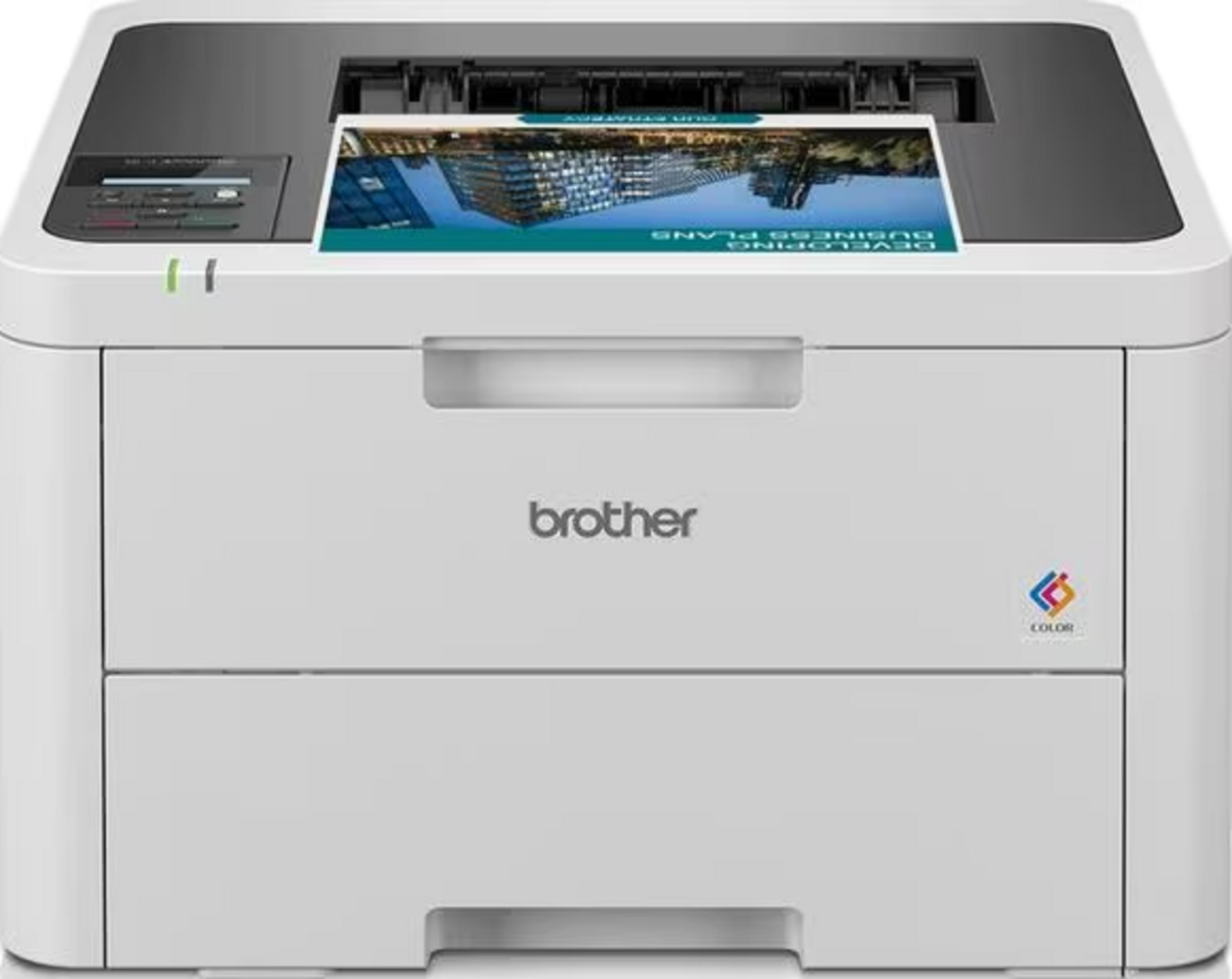 Ein weißer Brother-Laserdrucker mit einem Blatt Papier, das herausragt.