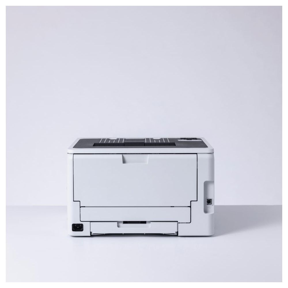 Ein weißer Laserdrucker mit schwarzem Bedienfeld auf weißem Hintergrund.