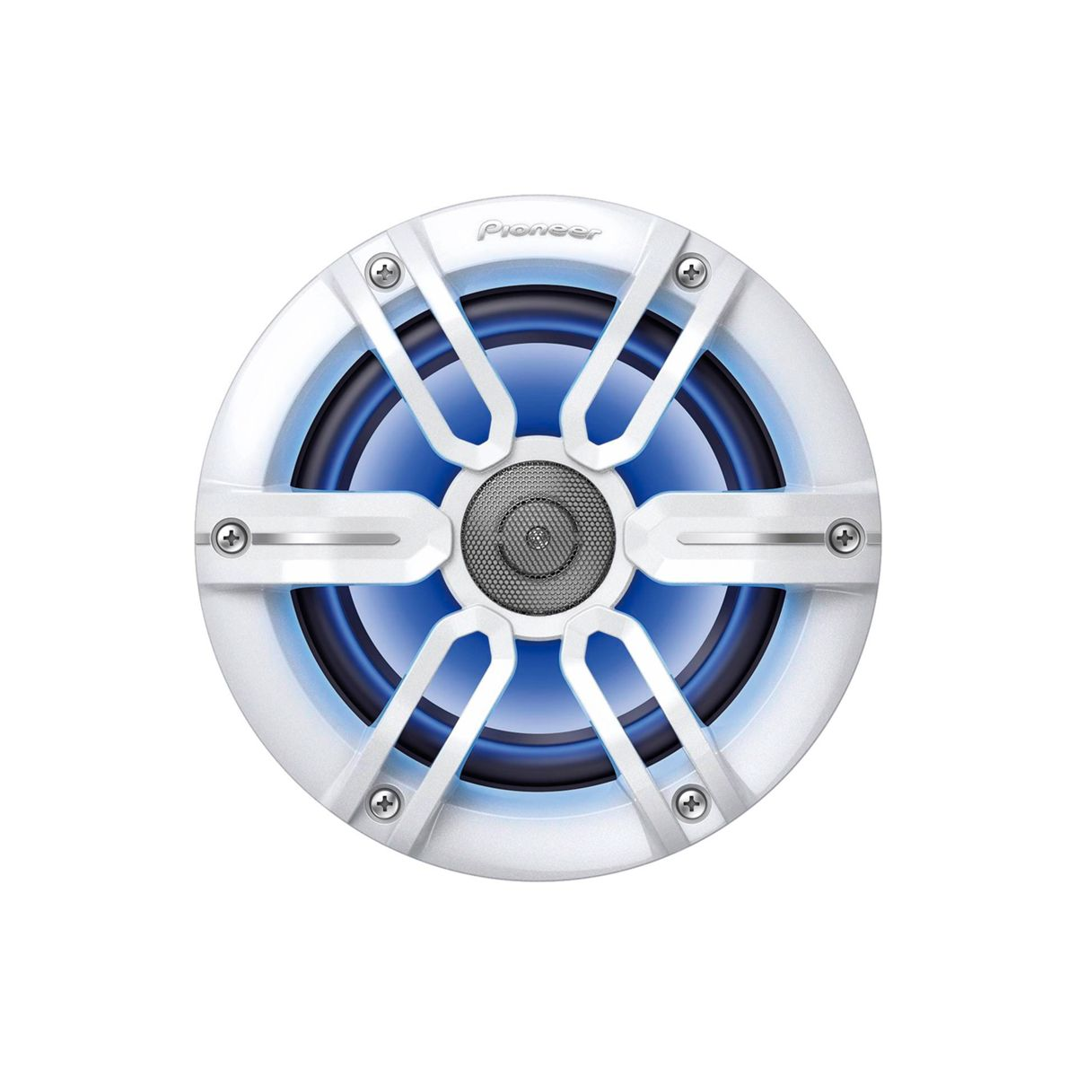 Ein weißer Pioneer-Lautsprecher mit blauer LED-Beleuchtung und silbernem Gitter.