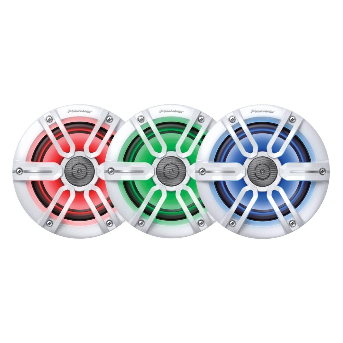 Drei runde Lautsprecher mit roter, grüner und blauer LED-Beleuchtung.
