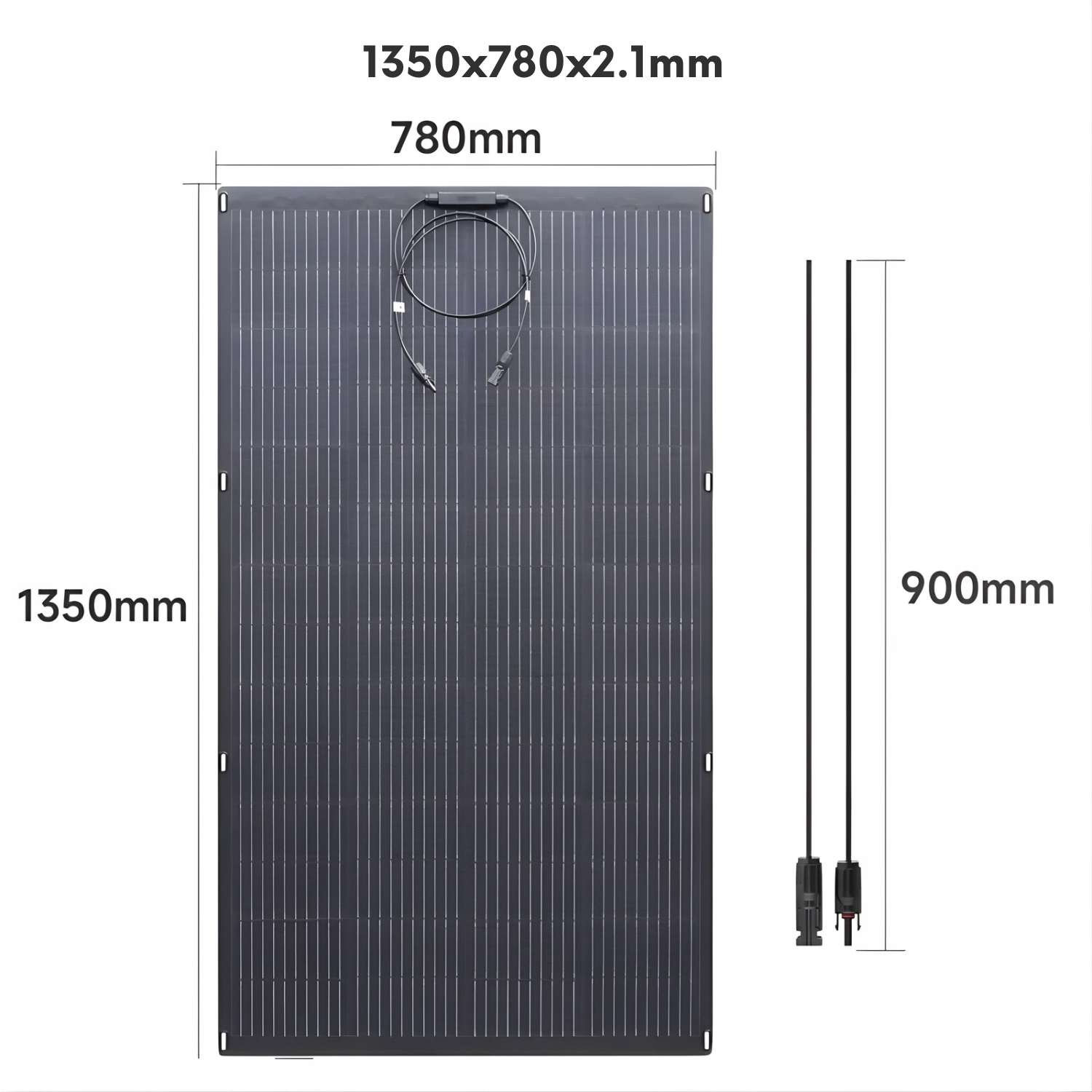 Ciemny panel słoneczny o wymiarach 1350x780x2,1mm z kablami.