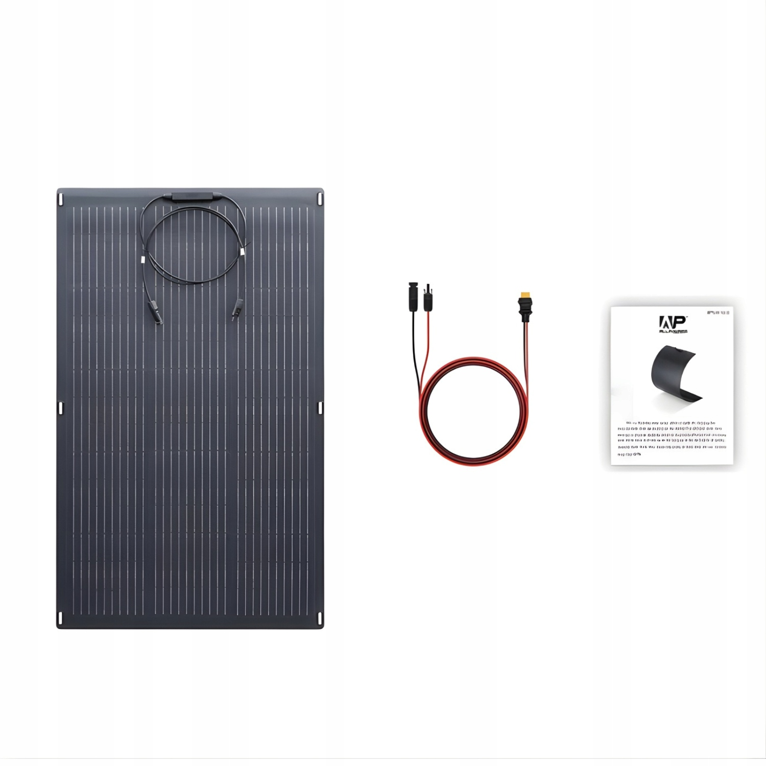 Ciemnoszary panel słoneczny z czarnymi kablami i białą instrukcją obsługi.