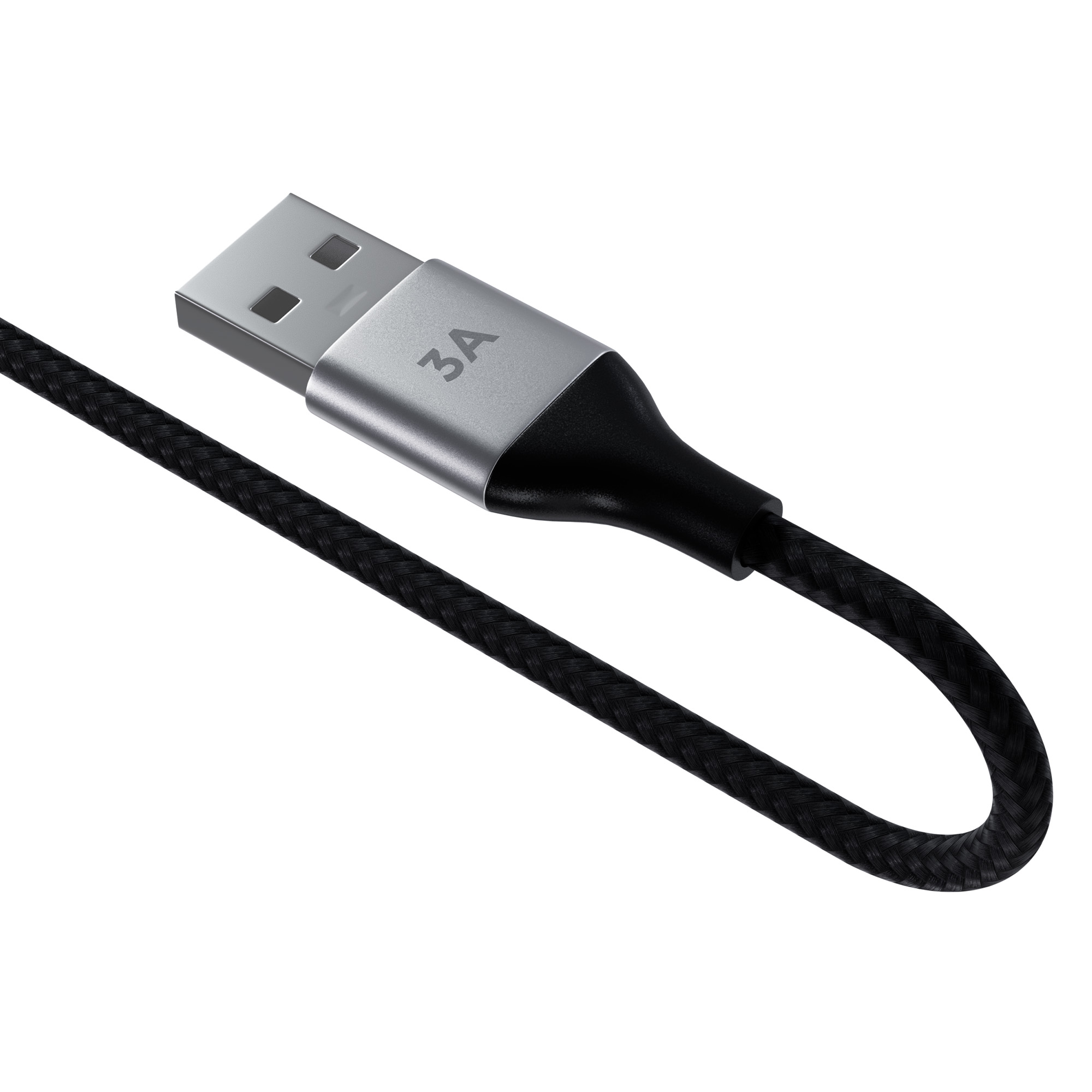 Ein schwarzes USB-Kabel mit silbernem Stecker und der Aufschrift 3A.