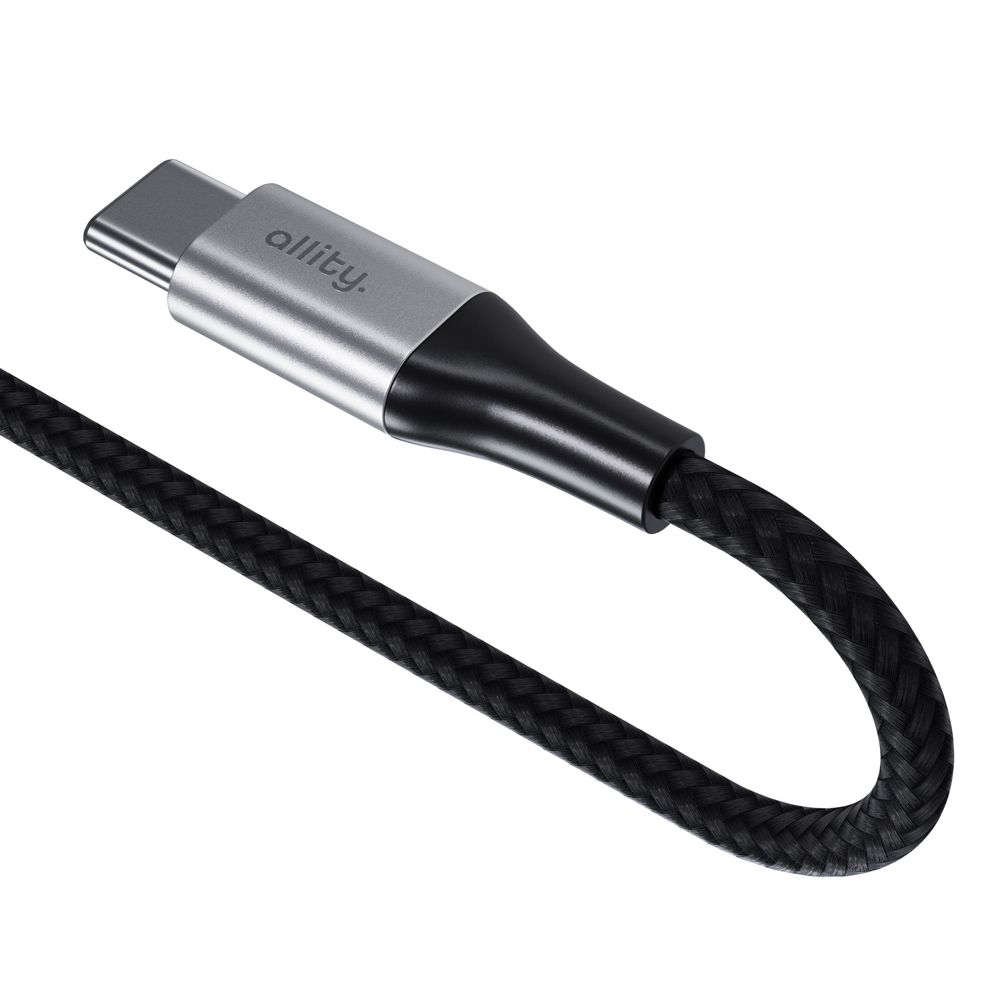 Ein schwarzes USB-C-Kabel mit silbernem Stecker und dem Logo 'allity'.
