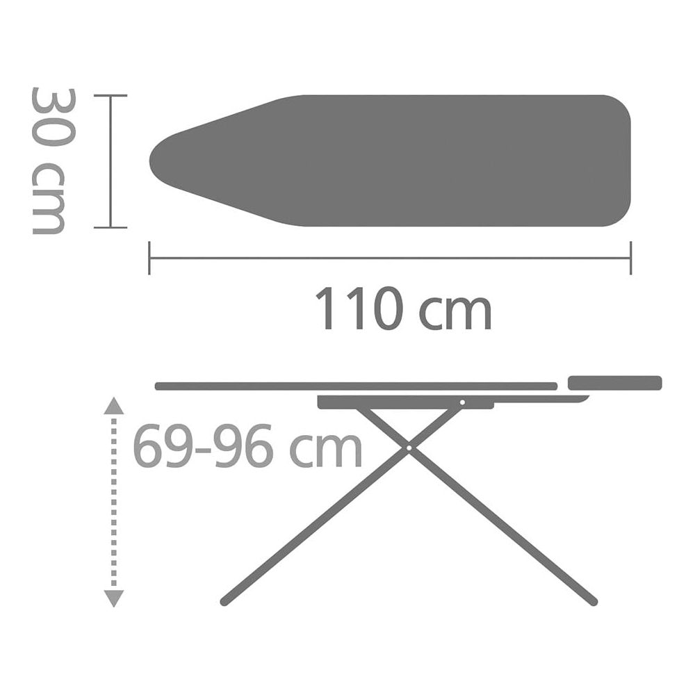 Dimensions planche à repasser : 110 cm long, 30 cm large, hauteur réglable 69-96 cm.