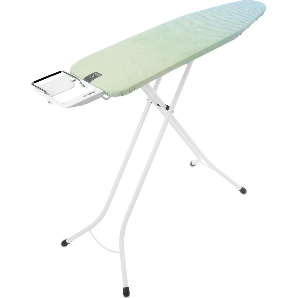 Une planche à repasser avec un cadre en métal blanc et une surface bleu-vert.