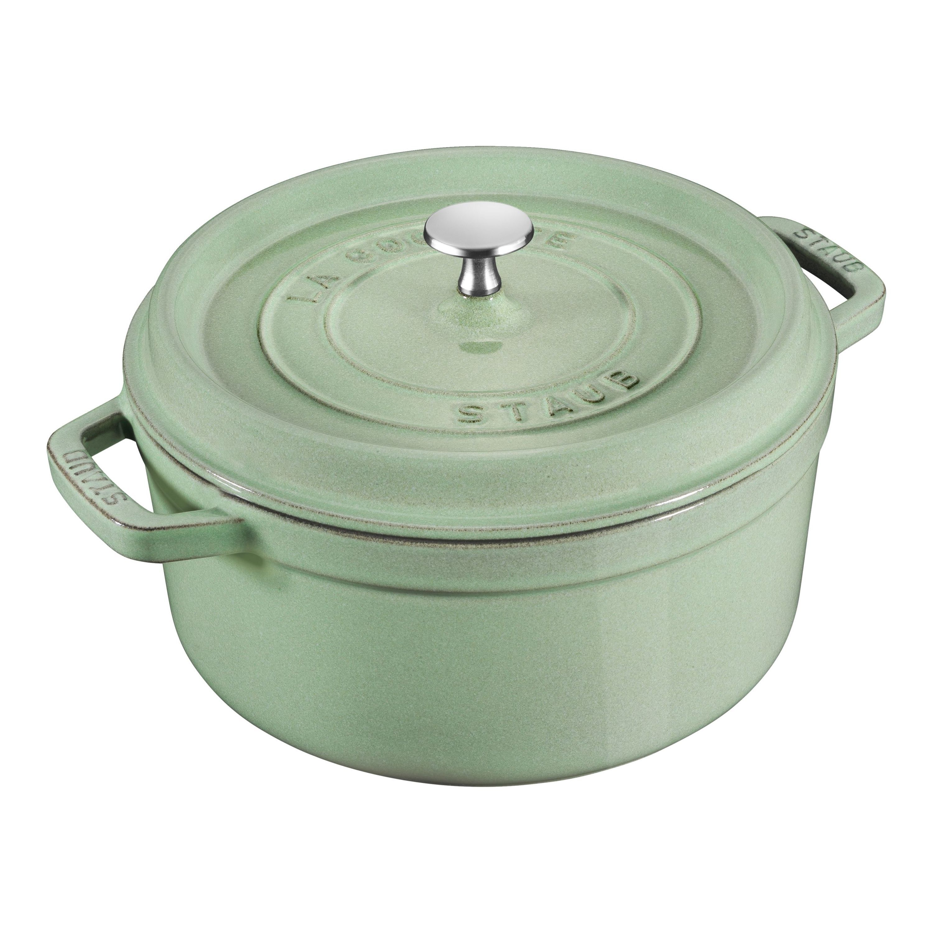 Eine hellgrüne Gusseisen-Kochtopf mit silbernem Griff und Deckel.