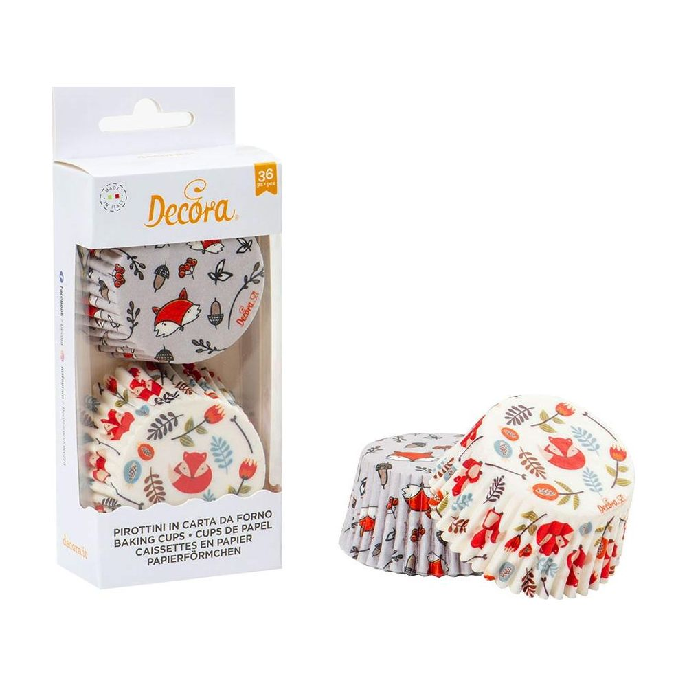 Packung mit 36 Muffinförmchen in zwei Designs mit Füchsen und Blumen.