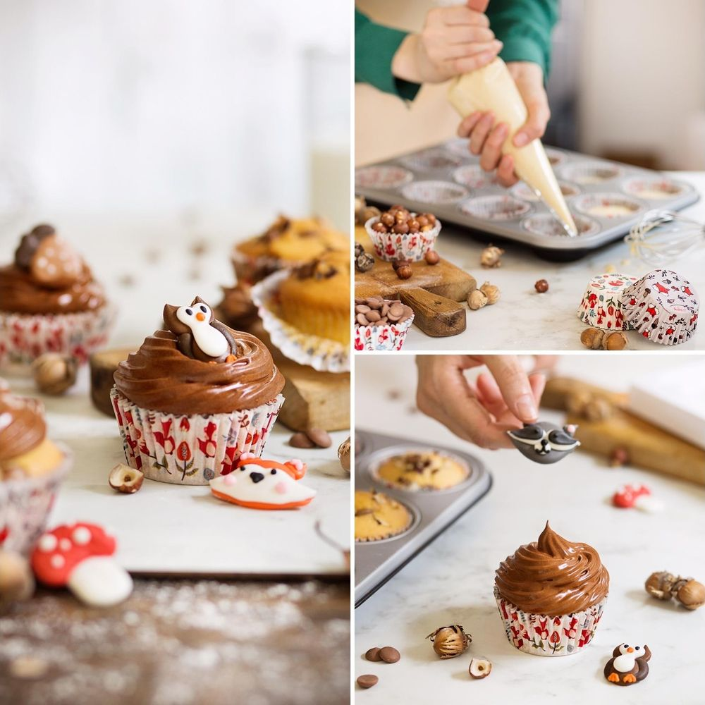 Collage aus Cupcakes: dekoriert, in der Herstellung und Zutaten.