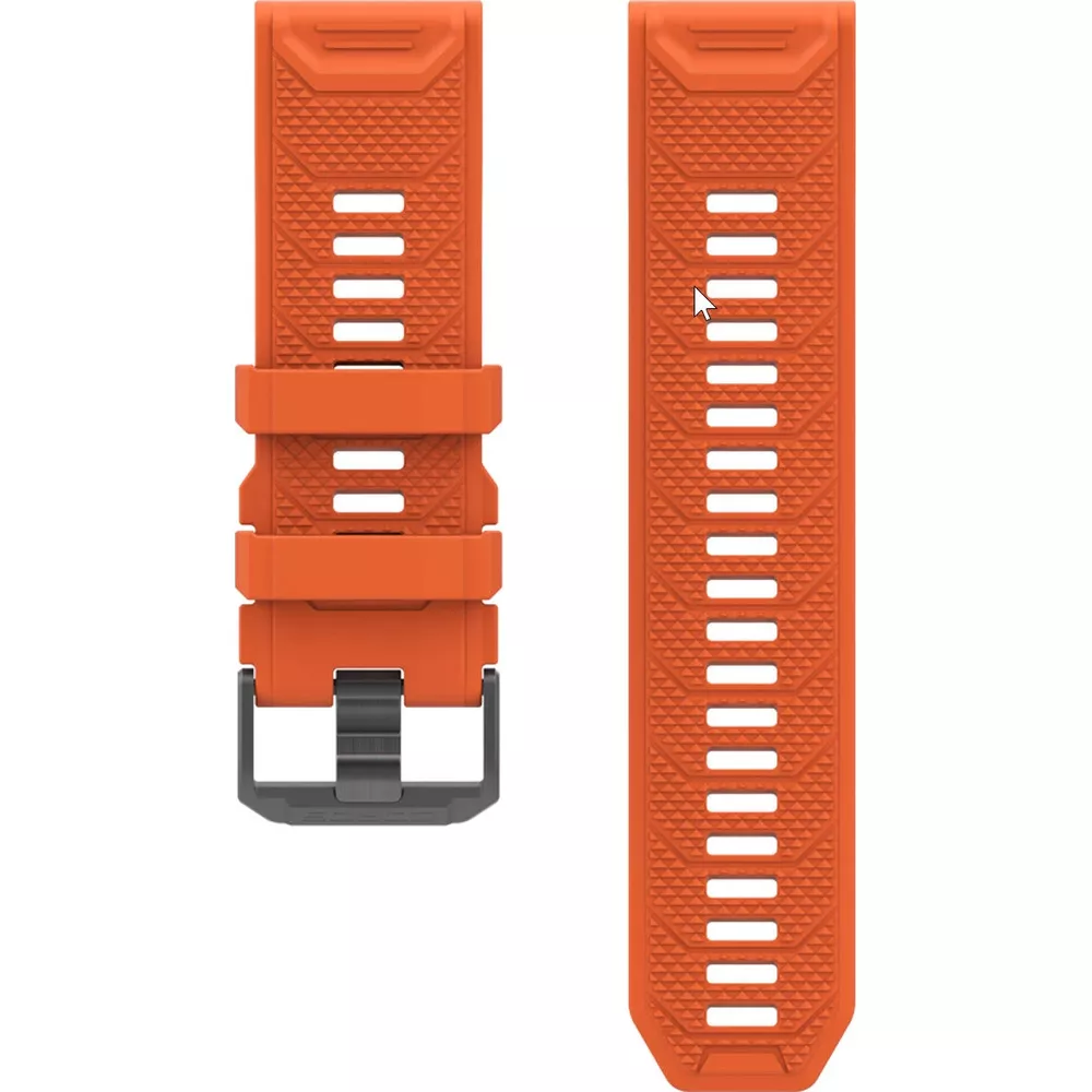 Zwei orangefarbene Uhrenarmbänder mit einem grauen Verschluss.
