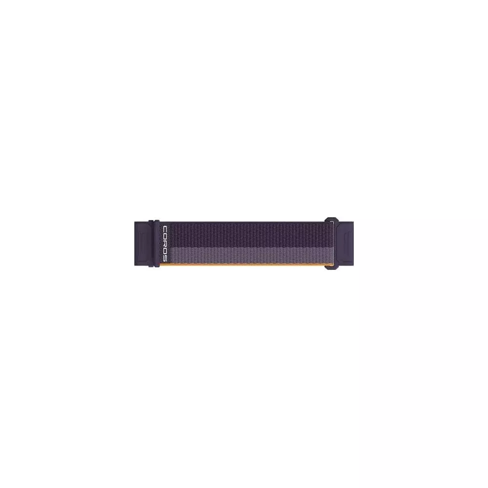 Ein lila und orangefarbenes Armband mit dem COROS-Logo.