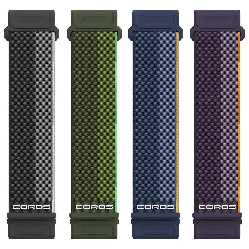 Vier COROS Uhrenarmbänder in Schwarz, Grün, Blau und Lila mit schwarzen Anschlüssen.