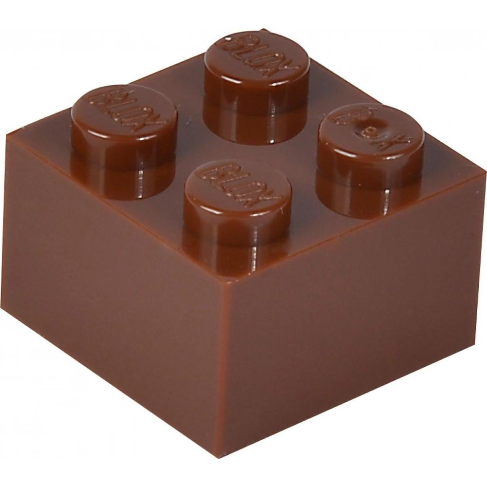 Un mattoncino marrone con quattro perni, ognuno recante la scritta 'BLOX'.