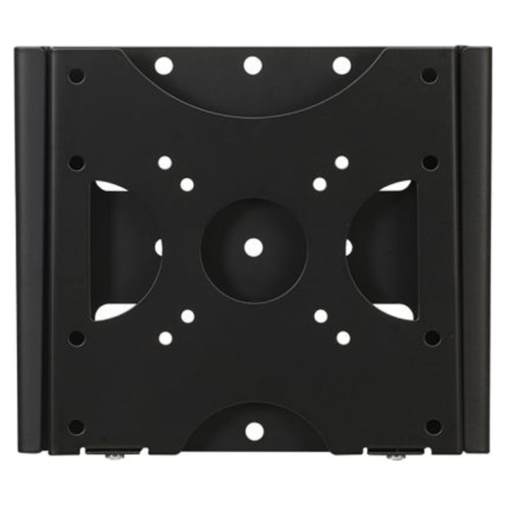 Schwarze Wandhalterung mit vielen runden Löchern und Aussparungen.
