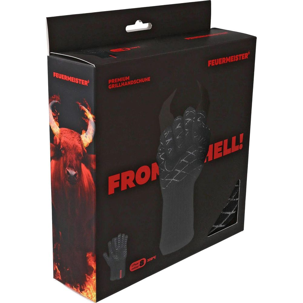 Confezione guanti da barbecue con toro e fiamme.