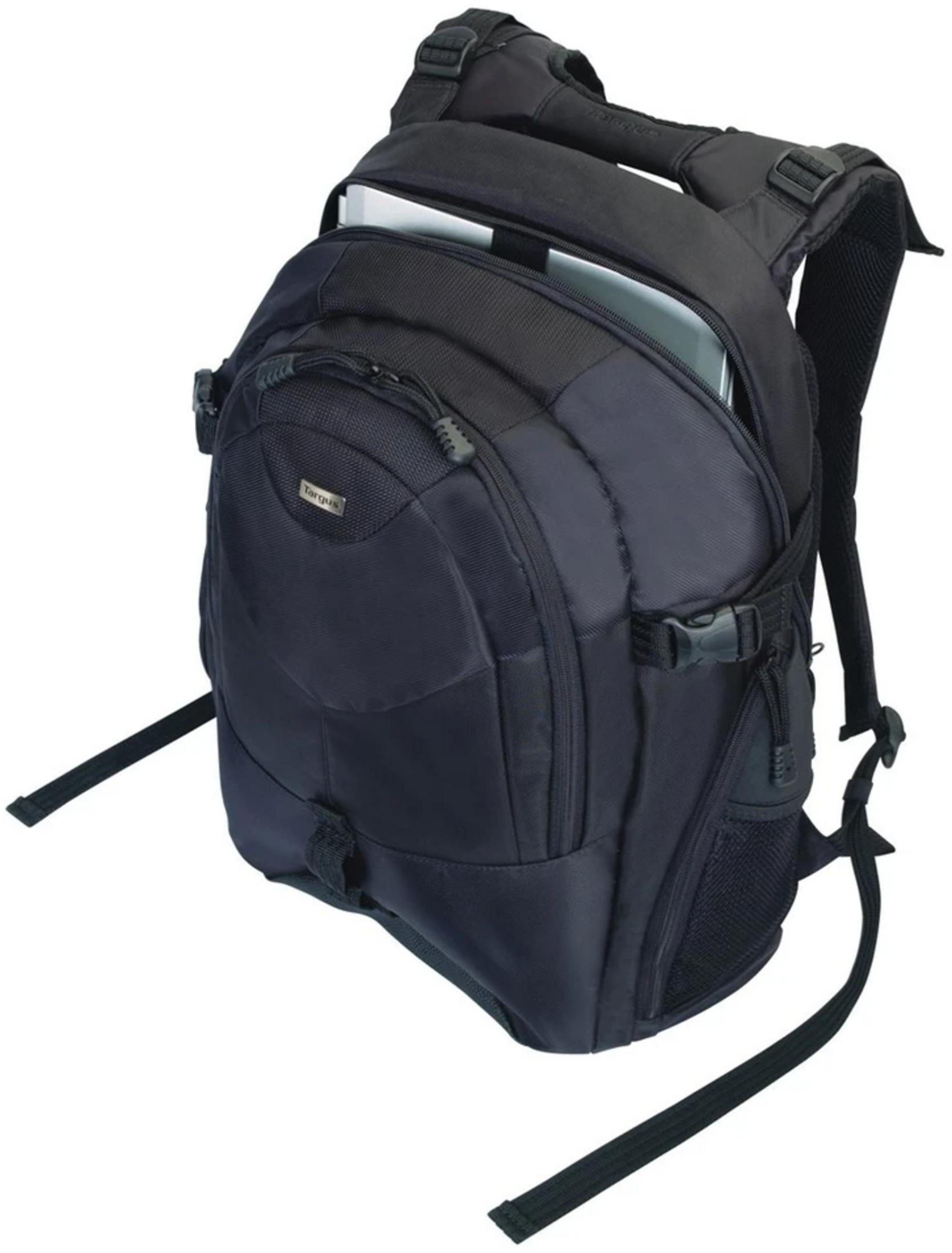 Ein schwarzer Rucksack mit einem Laptop, der aus einem Fach herausragt.