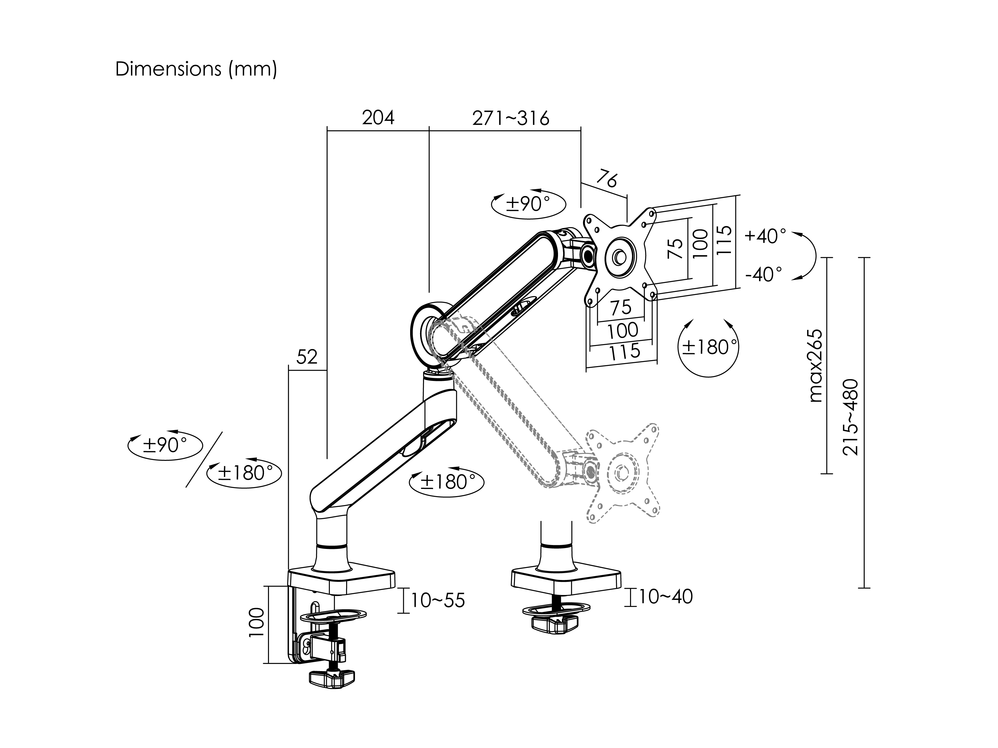 Technische Zeichnung eines Monitorarms mit Maßen und Verstellbereichen.