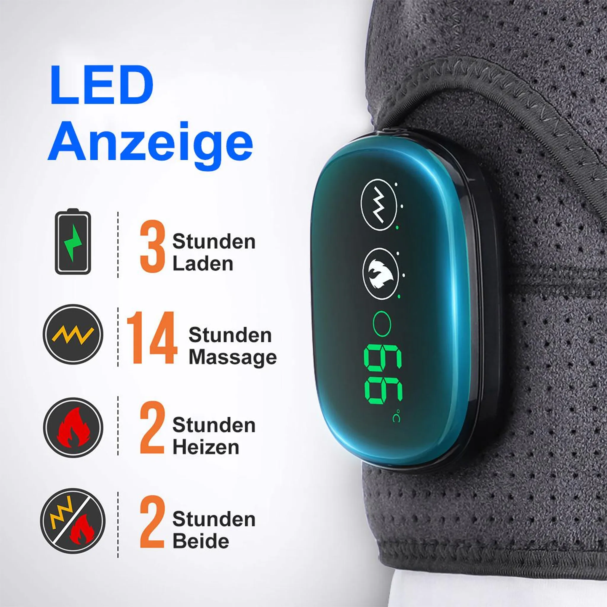 LED Anzeige: 3 Std. Laden, 14 Std. Massage, 2 Std. Heizen, 2 Std. Beide. 66°C.
