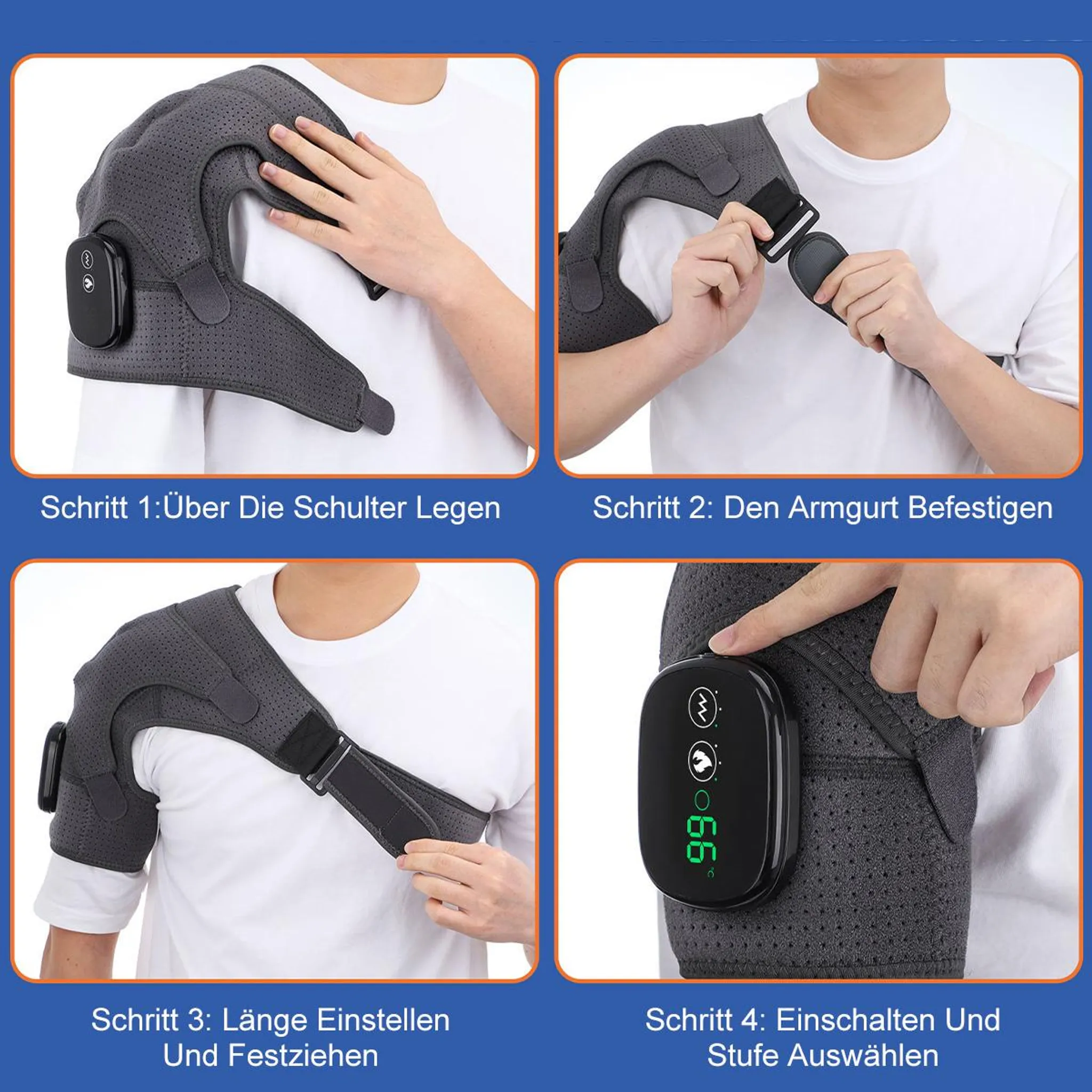 Anleitung zur Anbringung einer Schulterbandage mit elektrischer Steuerung.
