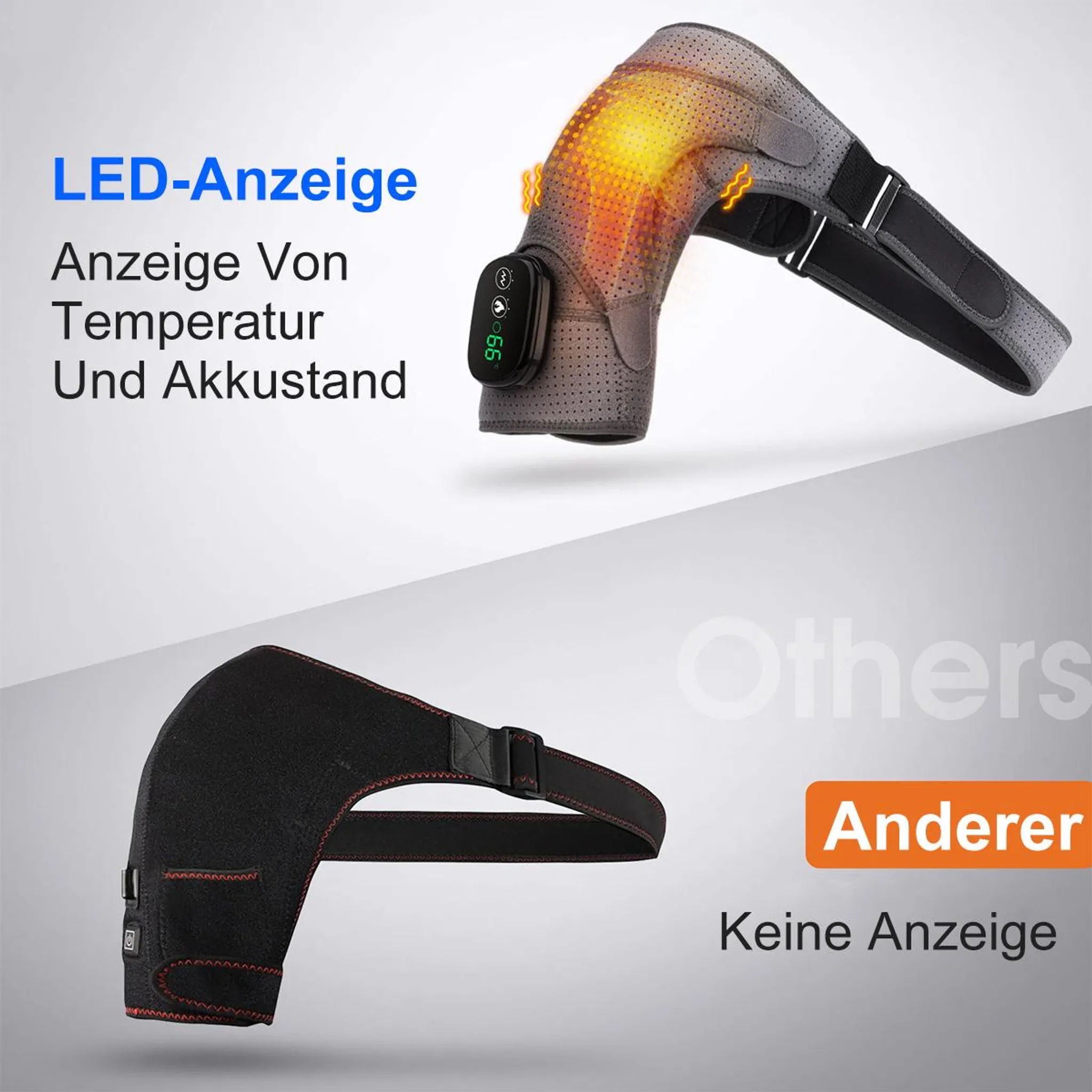Grauer Knie-Wärmer mit digitaler Anzeige und schwarzer Schulter-Stütze ohne Anzeige.