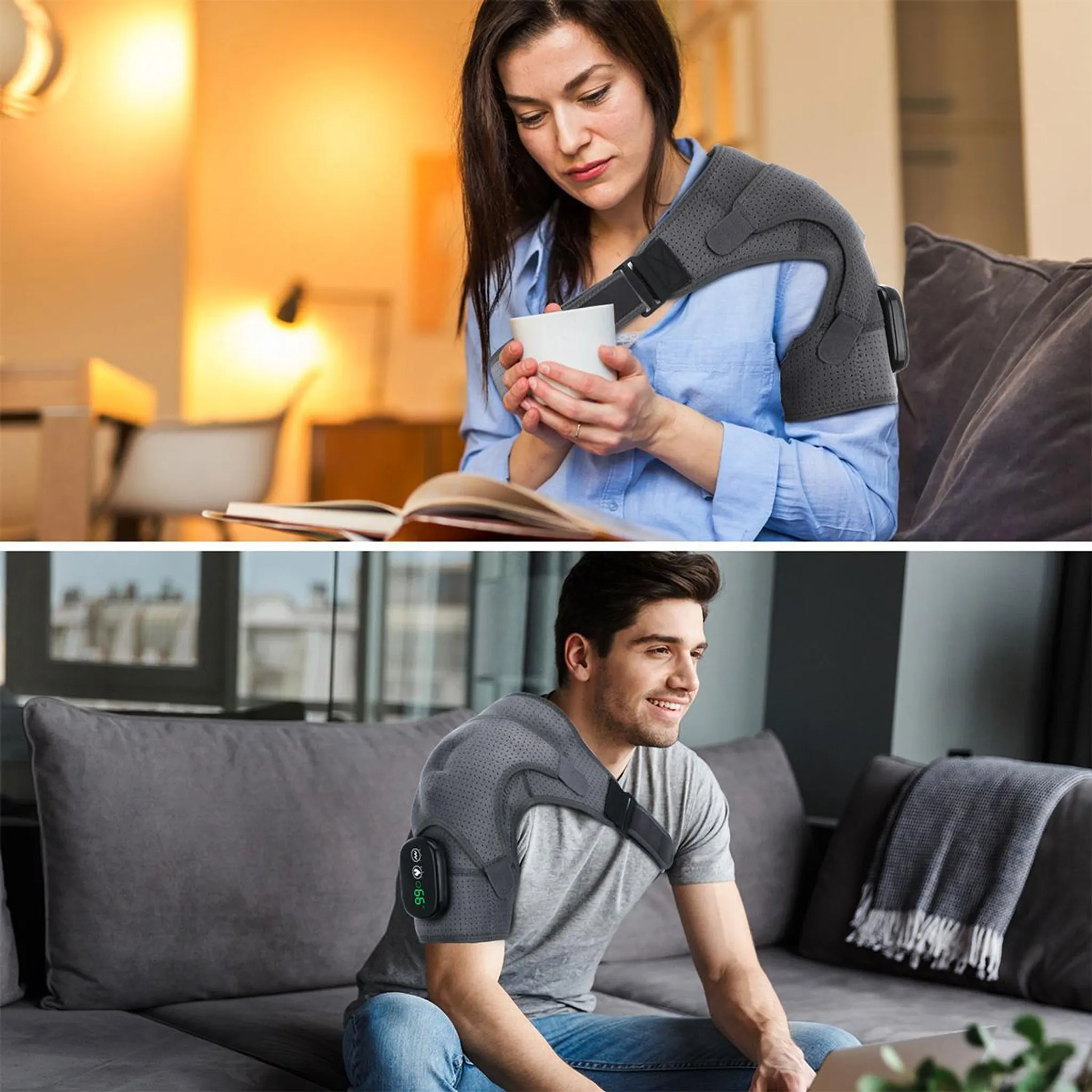 Frau mit Tasse und Schulterstütze, Mann mit Schulterstütze und Laptop auf Sofa.