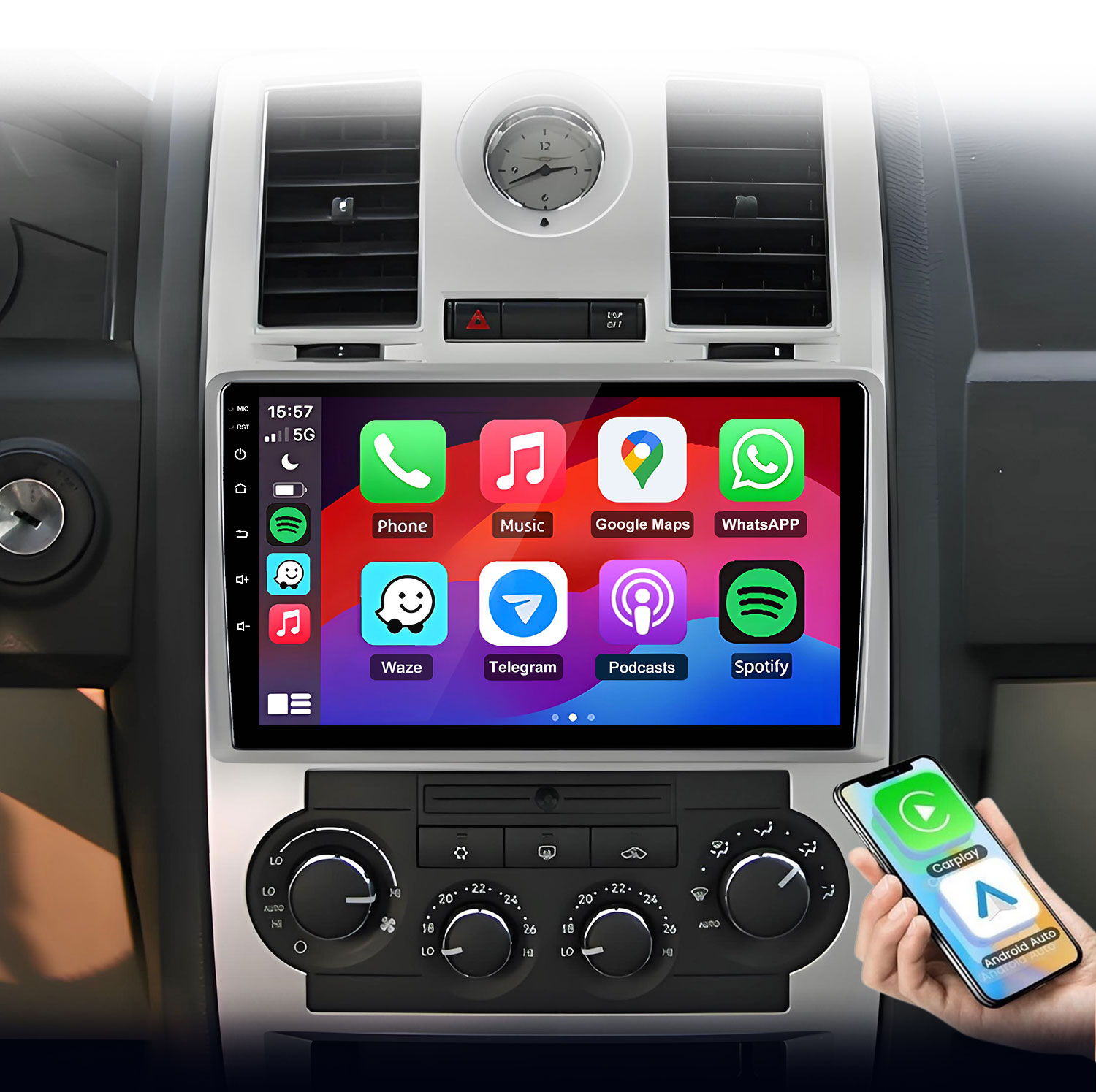 Auto-Infotainmentsystem mit Smartphone-Anzeige und App-Symbolen.