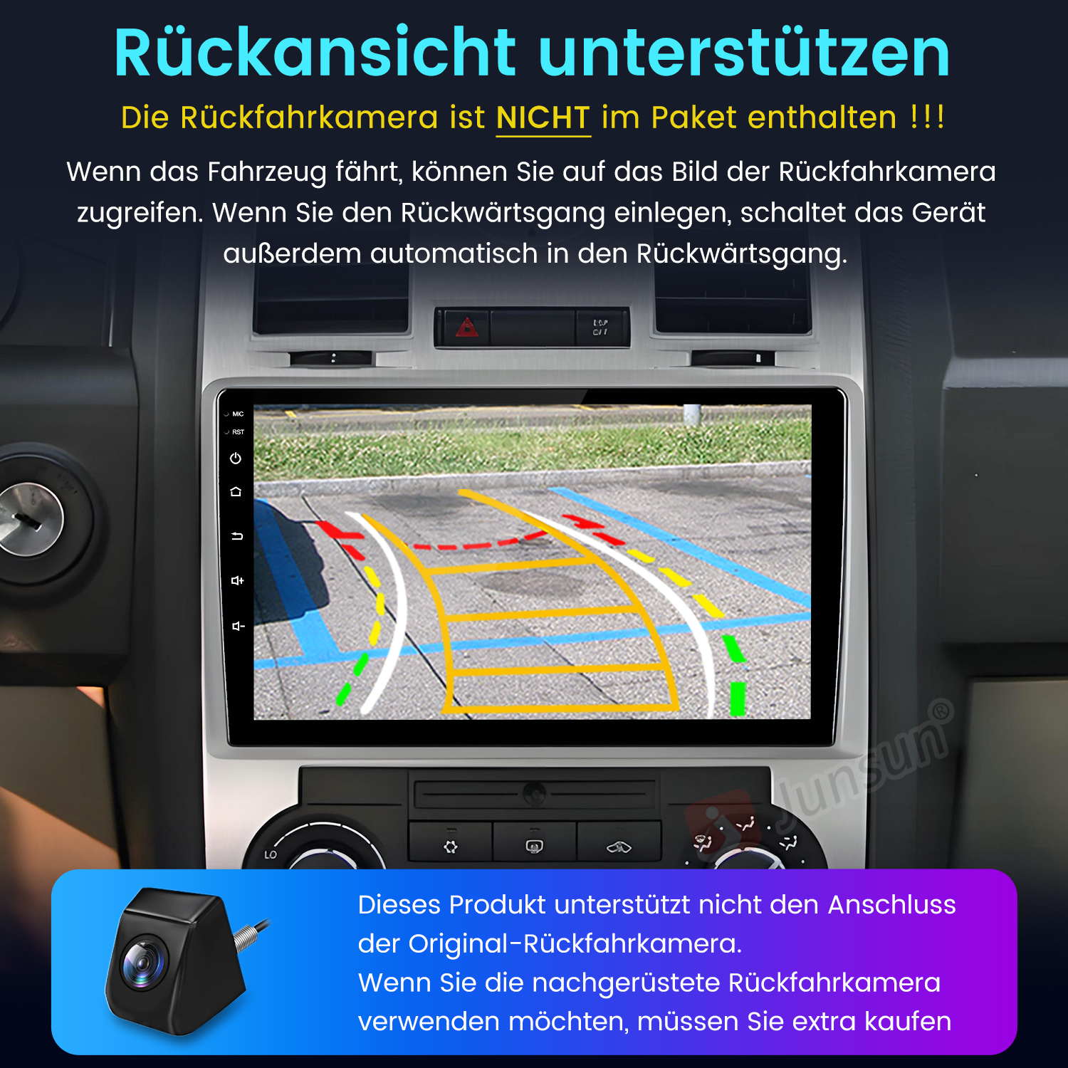 Ein Autoradio zeigt eine Rückfahrkamera-Ansicht mit Parklinien und eine kleine Kamera.