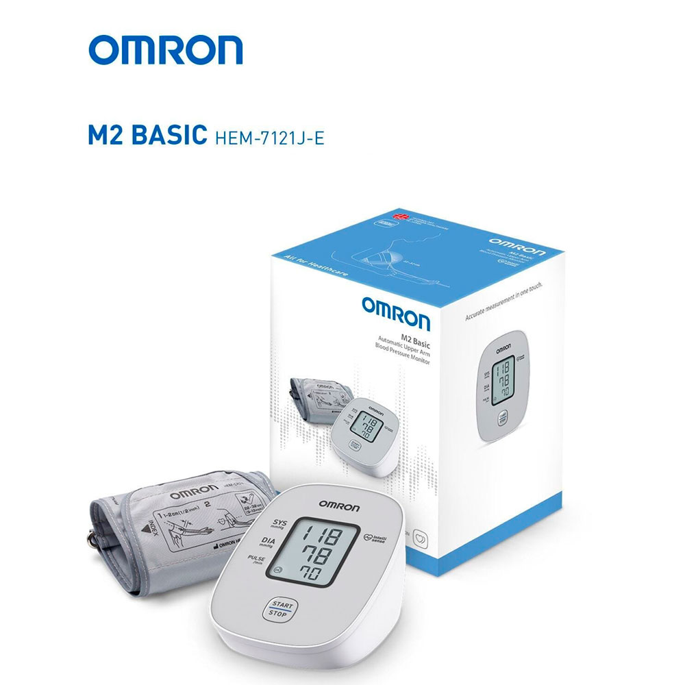 Ein Omron M2 Basic Blutdruckmessgerät mit Manschette und Verpackung.