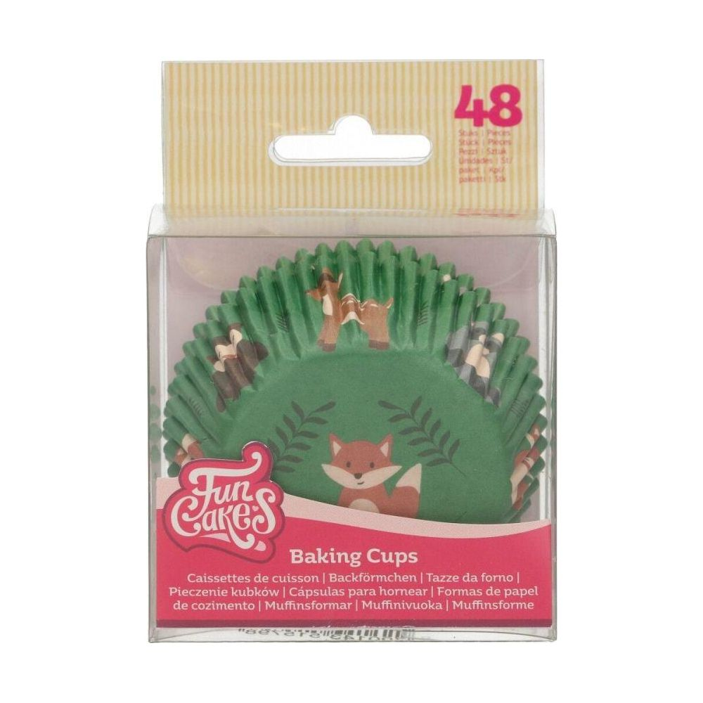 Verpackung mit 48 grünen Backförmchen mit Fuchs- und Reh-Design.