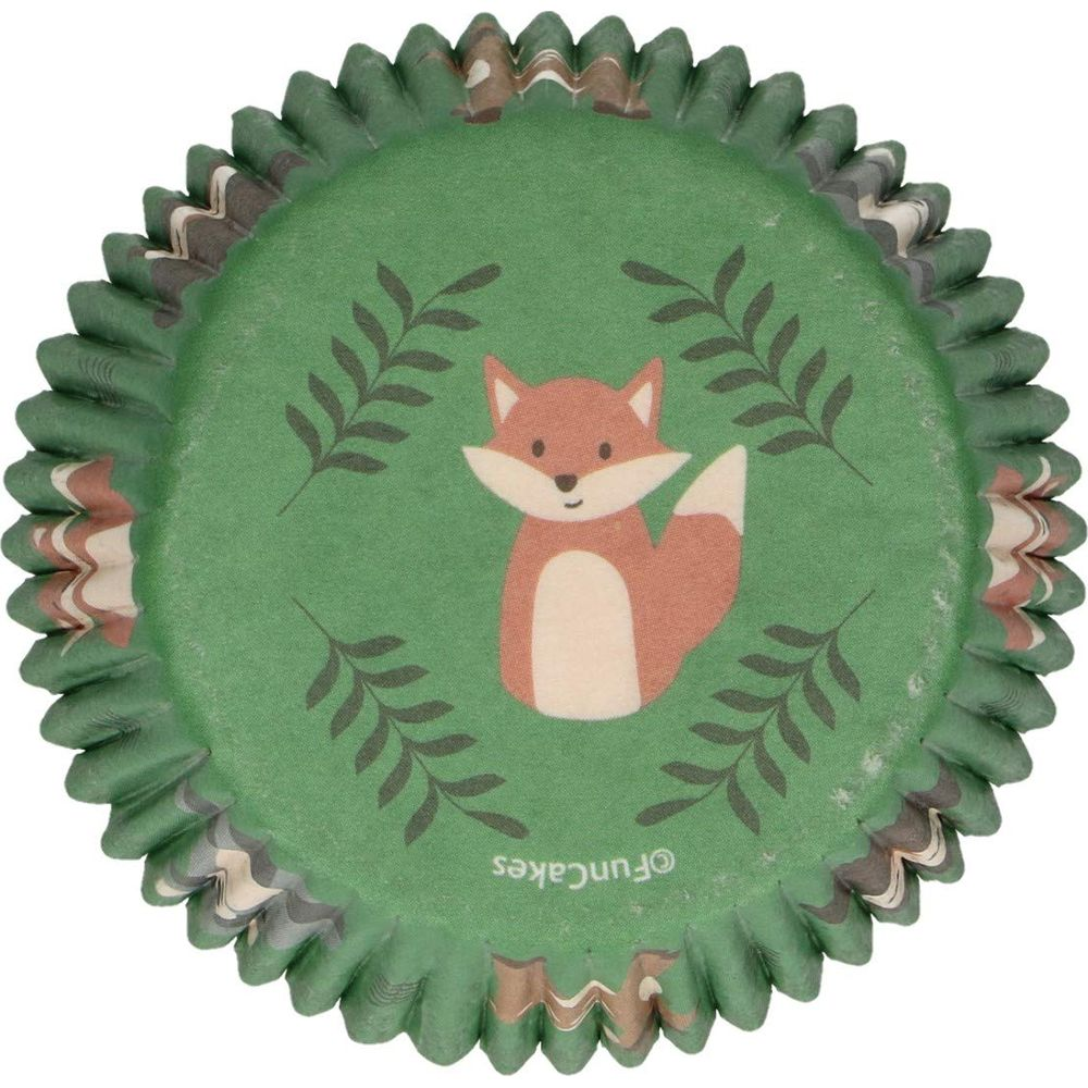 Grüne Muffinform mit Fuchs und Blättern, Rand mit braunen und grauen Mustern.