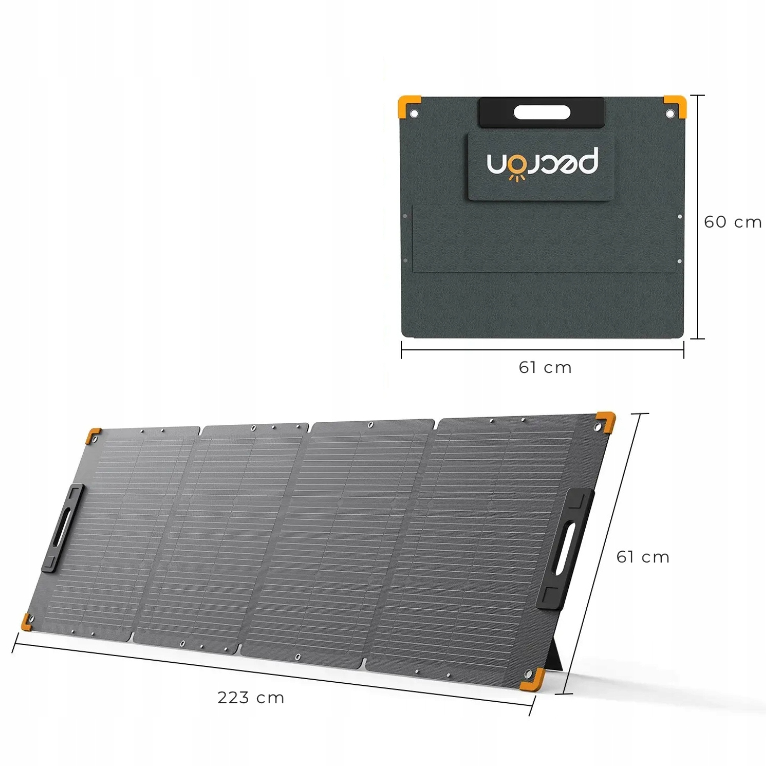 Szary panel słoneczny, złożony i rozłożony, z wymiarami.