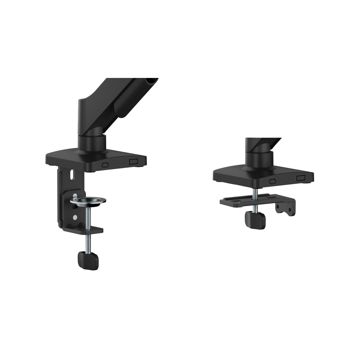 Dos abrazaderas negras para soporte de monitor sobre fondo blanco.
