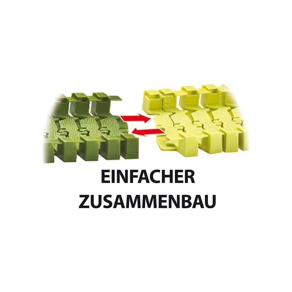 Grüne und gelbe Kettenglieder werden verbunden. Text: Einfacher Zusammenbau.