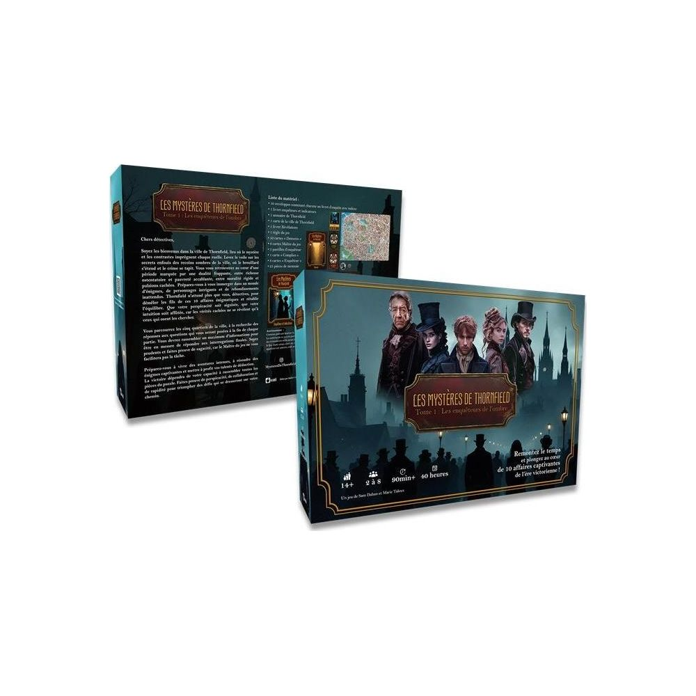 Copertina gioco da tavolo: Personaggi vittoriani, skyline, titolo 'Les Mystères de Thornfield'.