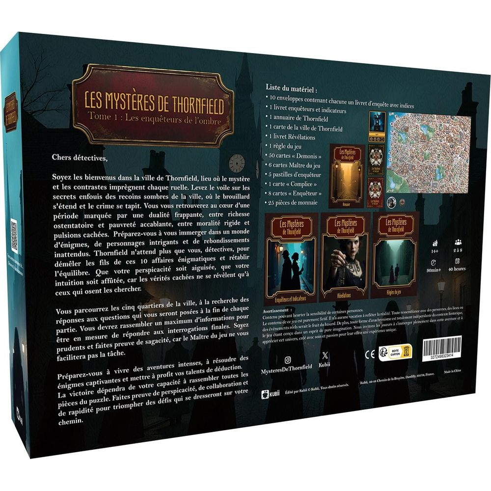 Scatola del gioco "Les Mystères de Thornfield", Tomo 1. Mostra componenti e istruzioni del gioco.