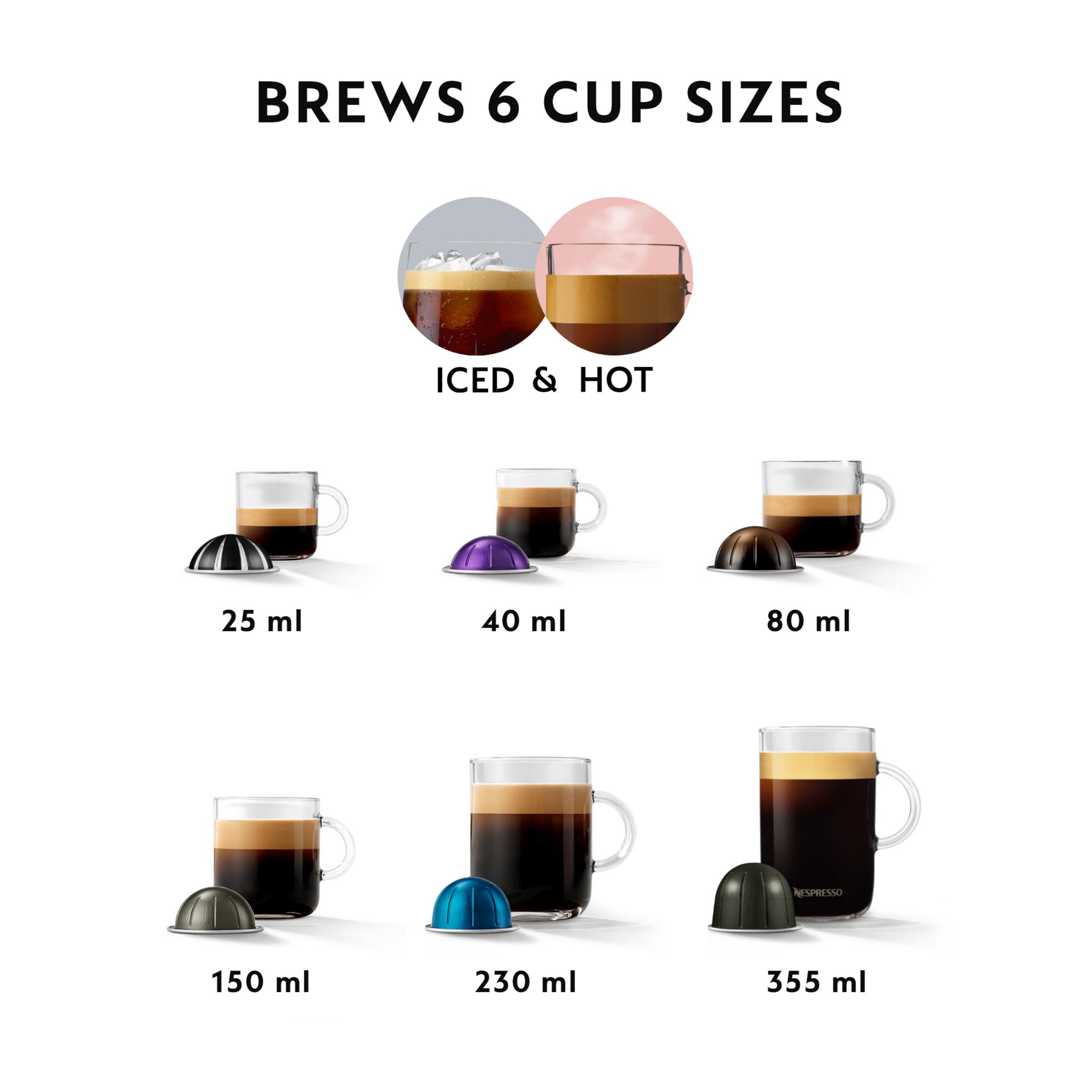 Kaffee in 6 Tassengrößen: 25 ml, 40 ml, 80 ml, 150 ml, 230 ml, 355 ml.