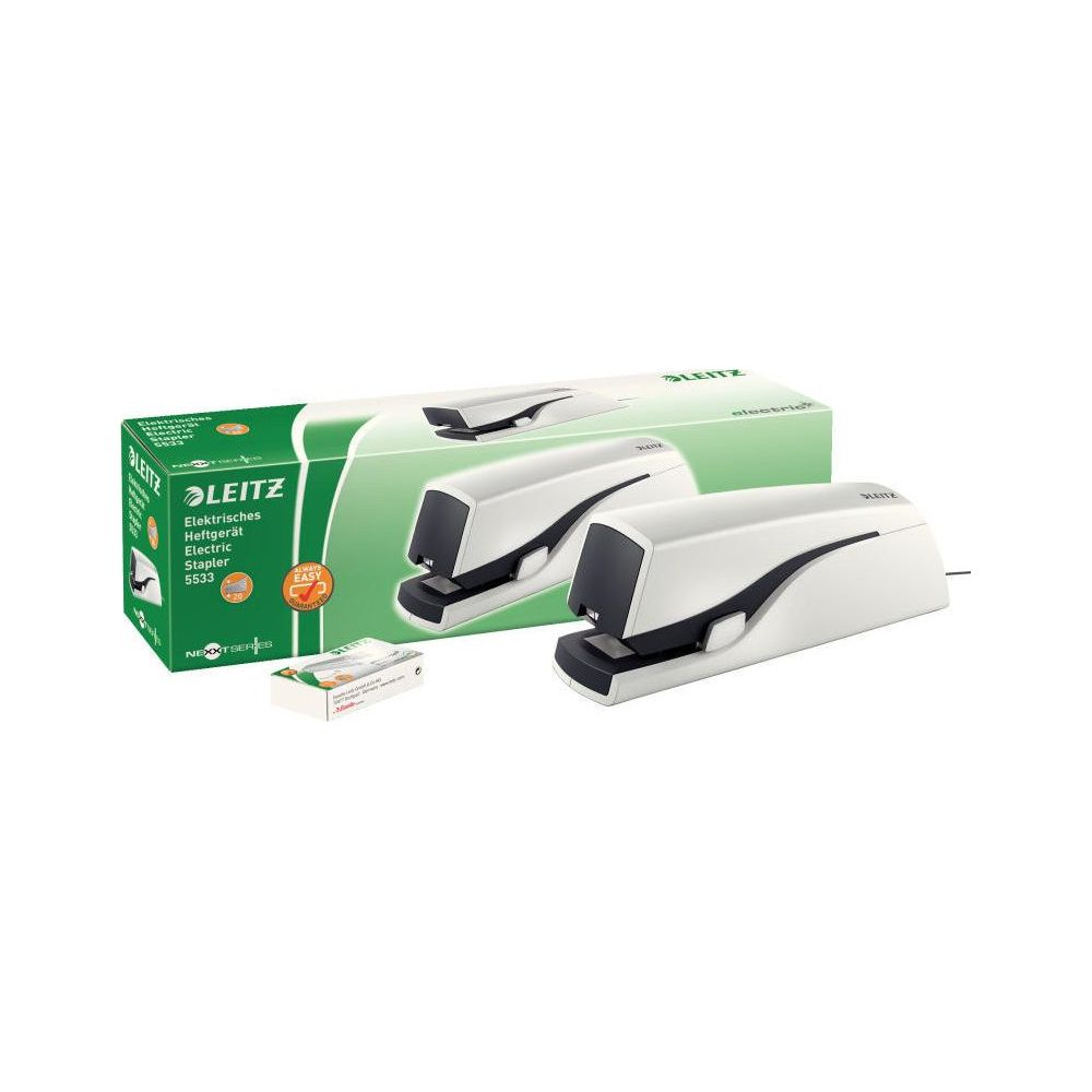 Zwei weiße elektrische Heftgeräte mit schwarzer Front, neben ihrer Verpackung.