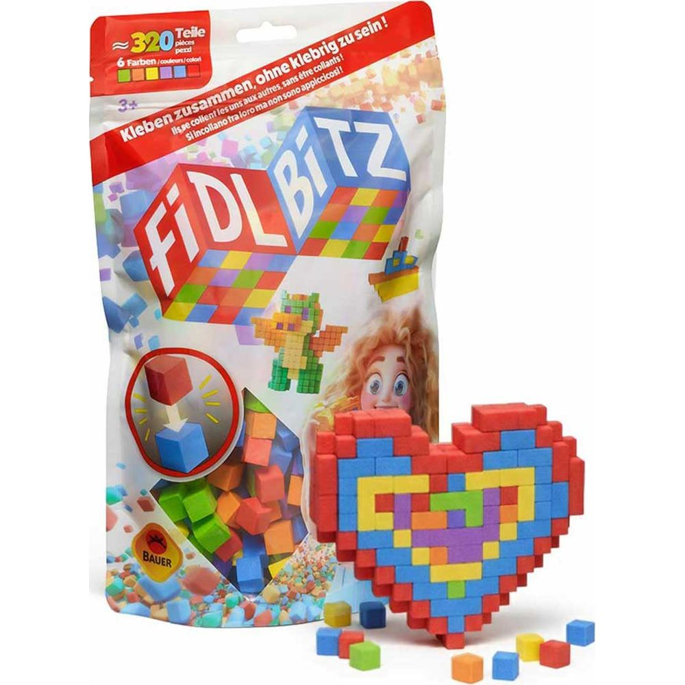 Blocs de construction Bauer FIDL BITZ en forme de cœur et sac. Nombreuses petites pièces colorées.