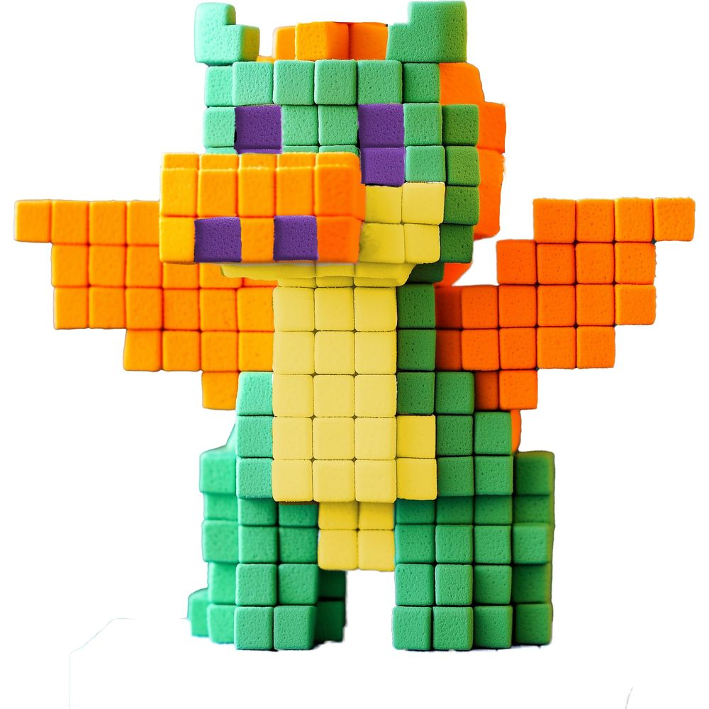 Un dragon construit avec des cubes verts, jaunes, oranges et violets colorés.