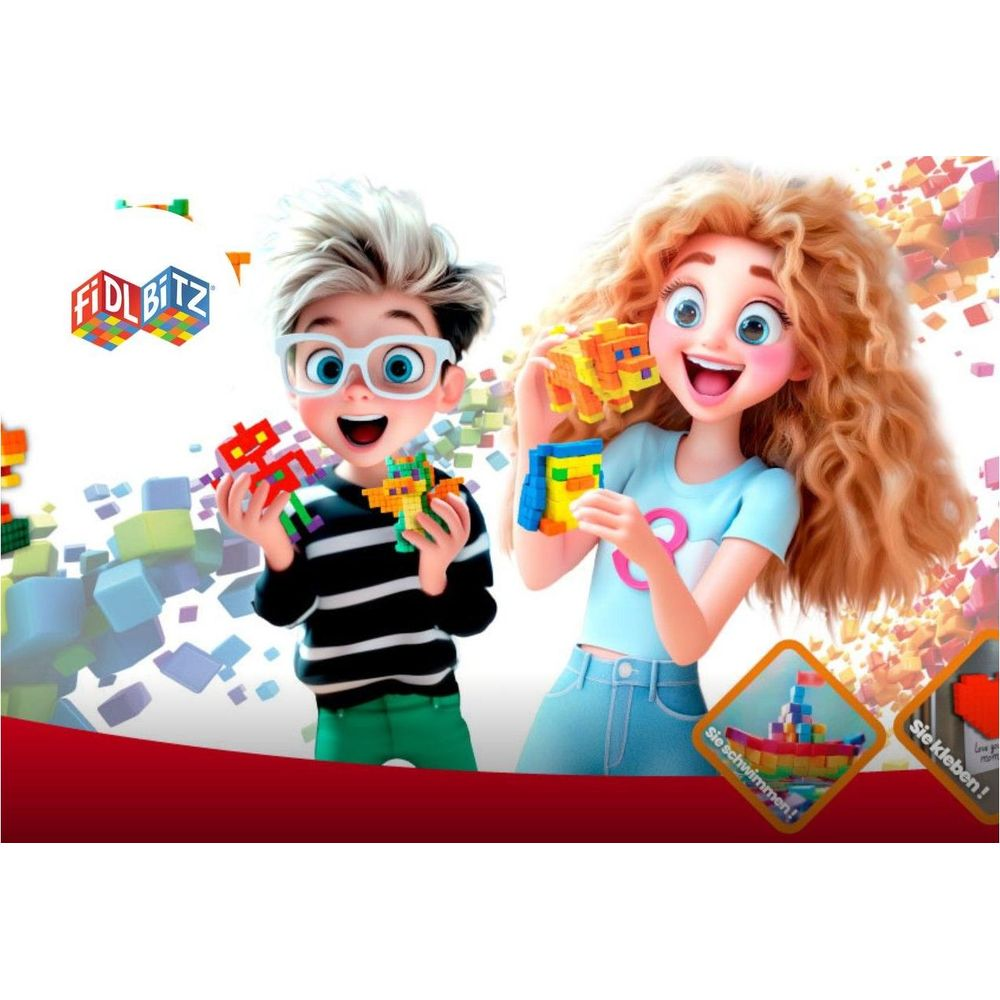 Deux enfants tenant des blocs de construction colorés. Le garçon tient des figurines rouges et vertes, la fille des oranges et jaunes.